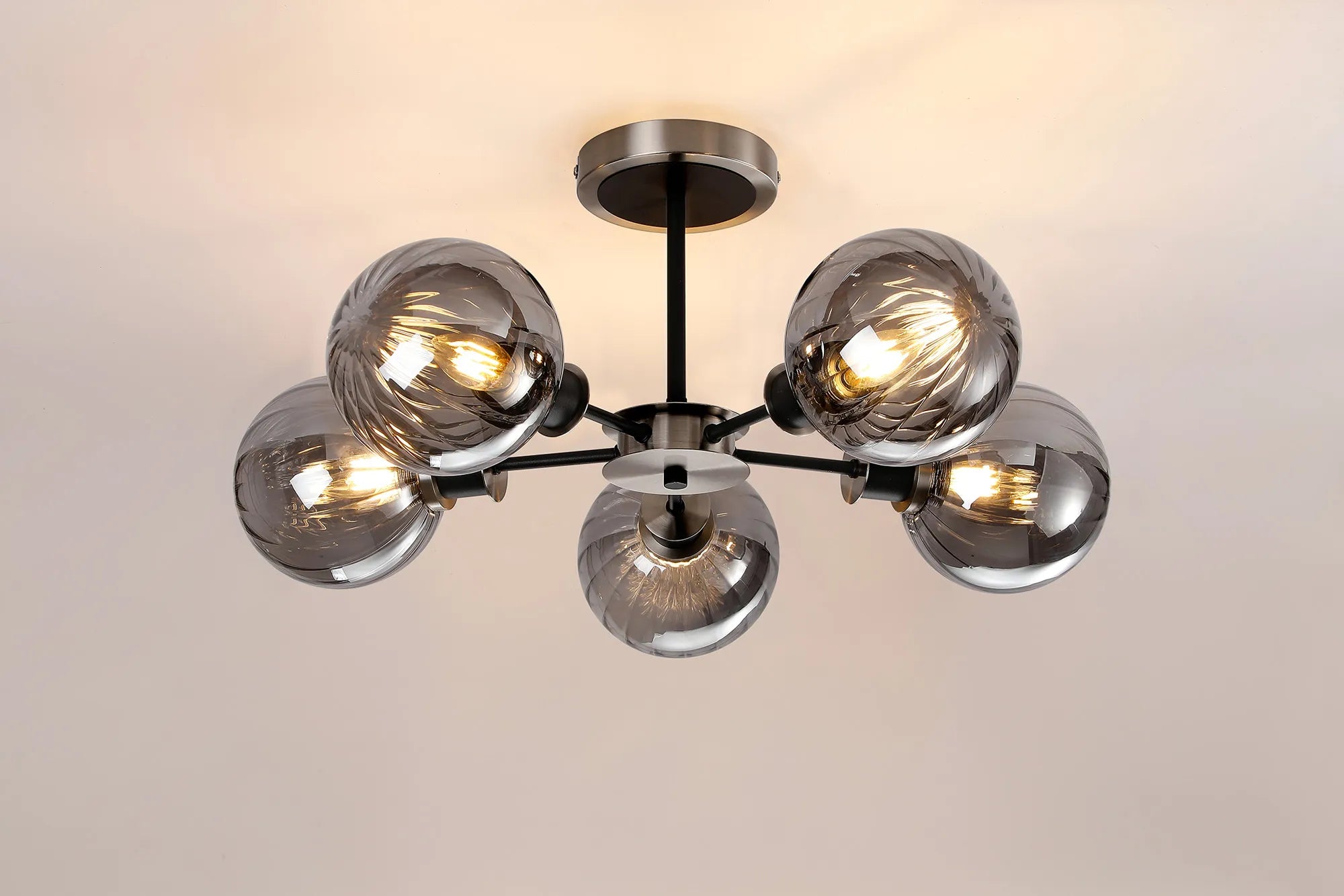 Sycamore Semi Ceiliing 5 Light with 15cm Round Segment Glass Shade - Satin Nickel, Smoke Plated & Satin Black