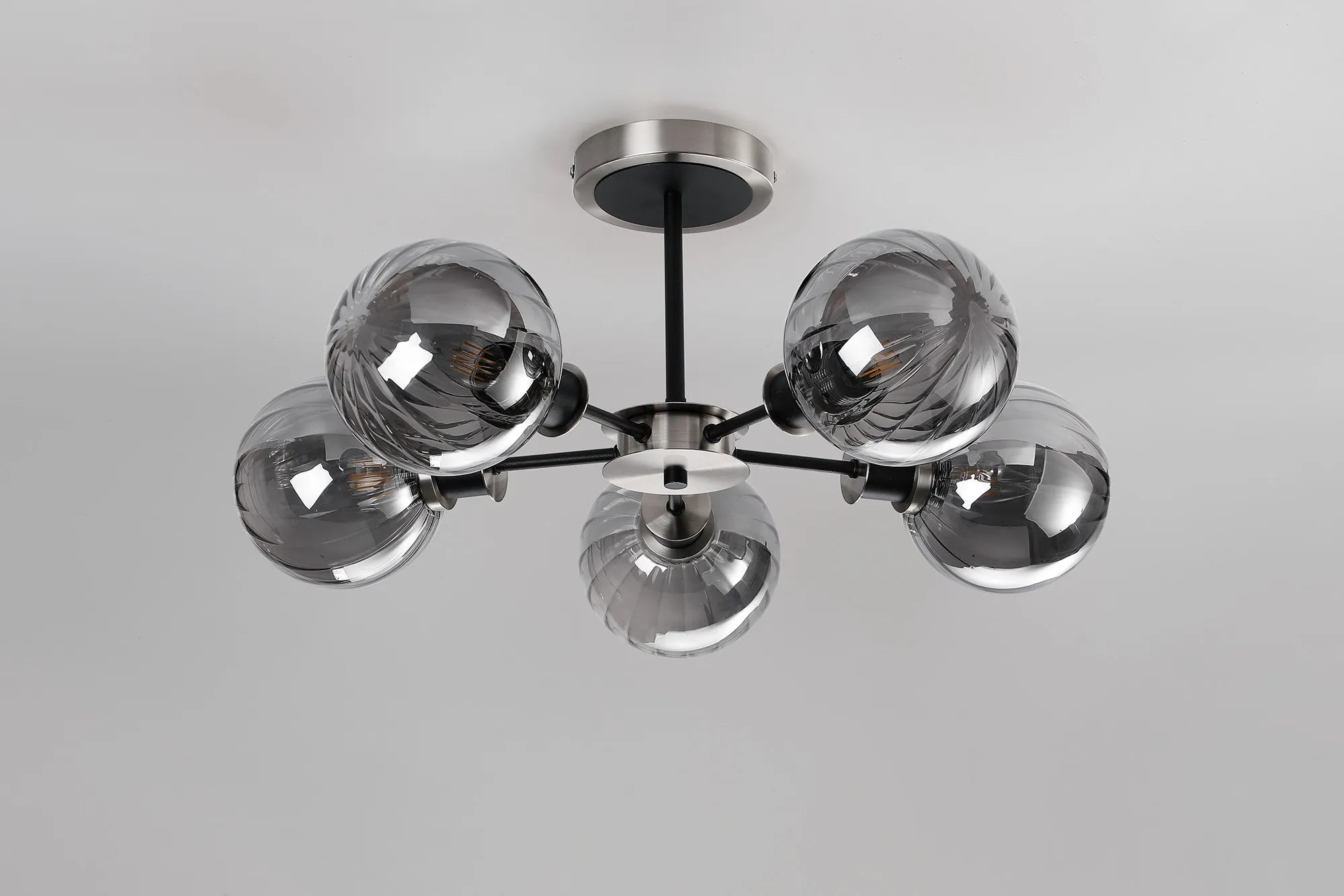 Sycamore Semi Ceiliing 5 Light with 15cm Round Segment Glass Shade - Satin Nickel, Smoke Plated & Satin Black