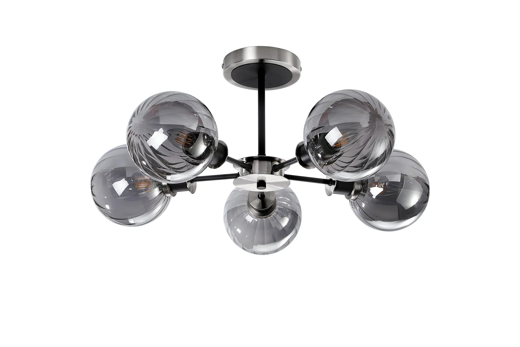 Sycamore Semi Ceiliing 5 Light with 15cm Round Segment Glass Shade - Satin Nickel, Smoke Plated & Satin Black