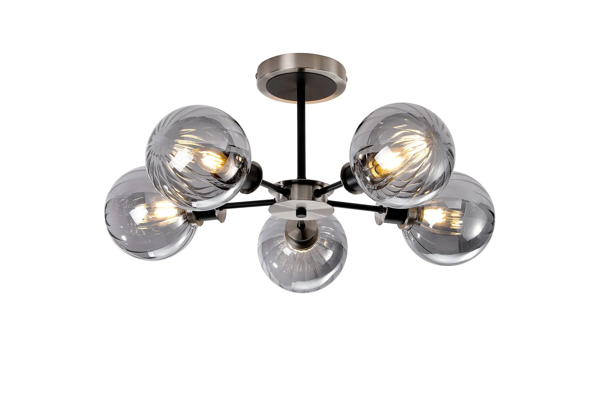 Sycamore Semi Ceiliing 5 Light with 15cm Round Segment Glass Shade - Satin Nickel, Smoke Plated & Satin Black