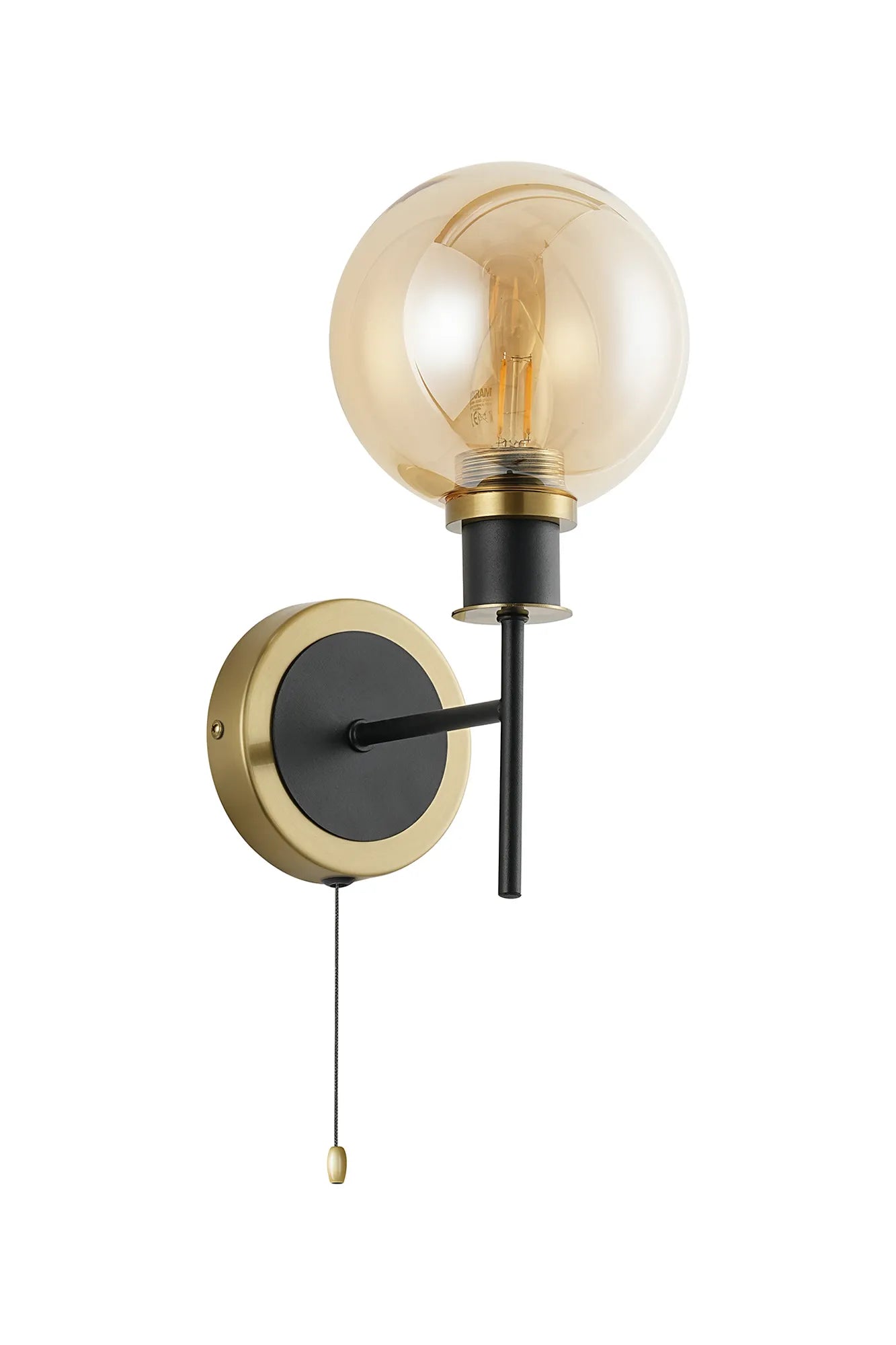 Sycamore Switched Wall Light with 15cm Round Glass Shade - Brass, Amber Plated & Satin Black