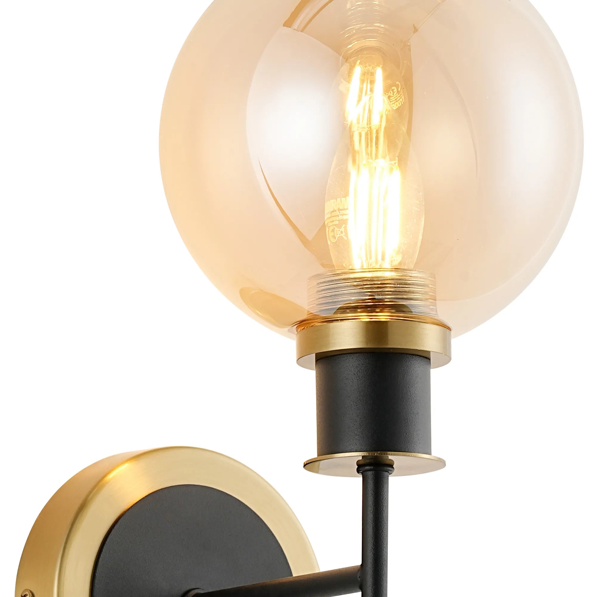 Sycamore Switched Wall Light with 15cm Round Glass Shade - Brass, Amber Plated & Satin Black