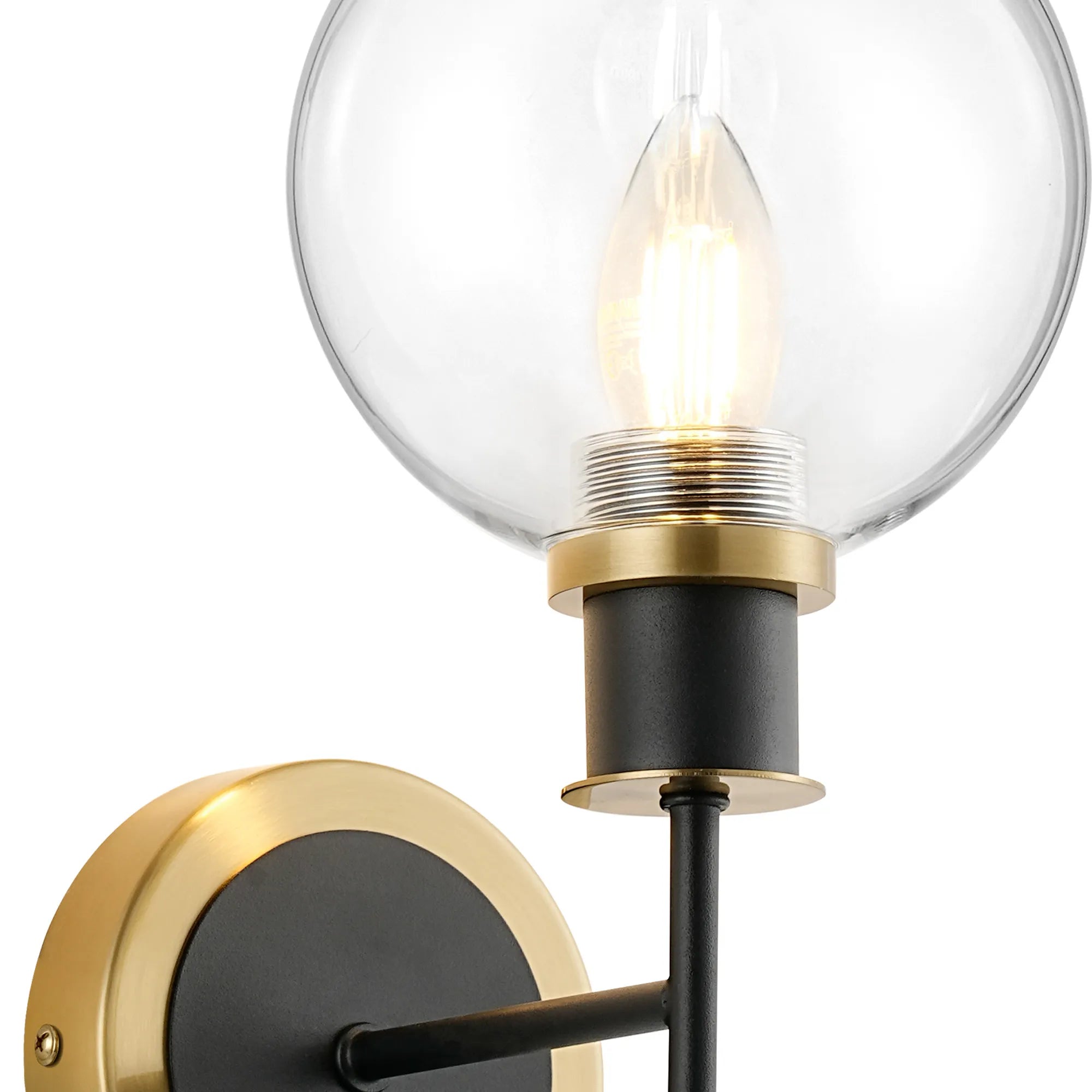 Sycamore Switched Wall Light with 15cm Round Glass Shade - Brass, Clear & Satin Black
