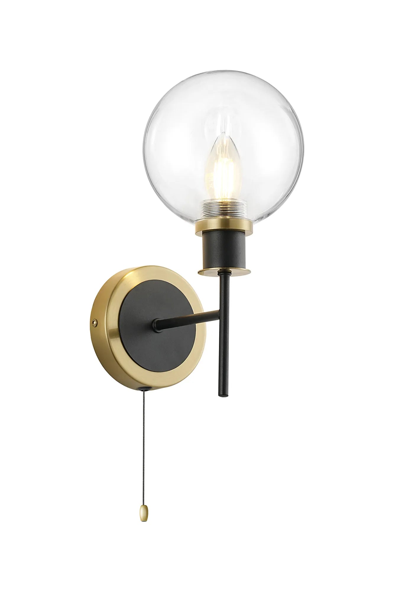 Sycamore Switched Wall Light with 15cm Round Glass Shade - Brass, Clear & Satin Black