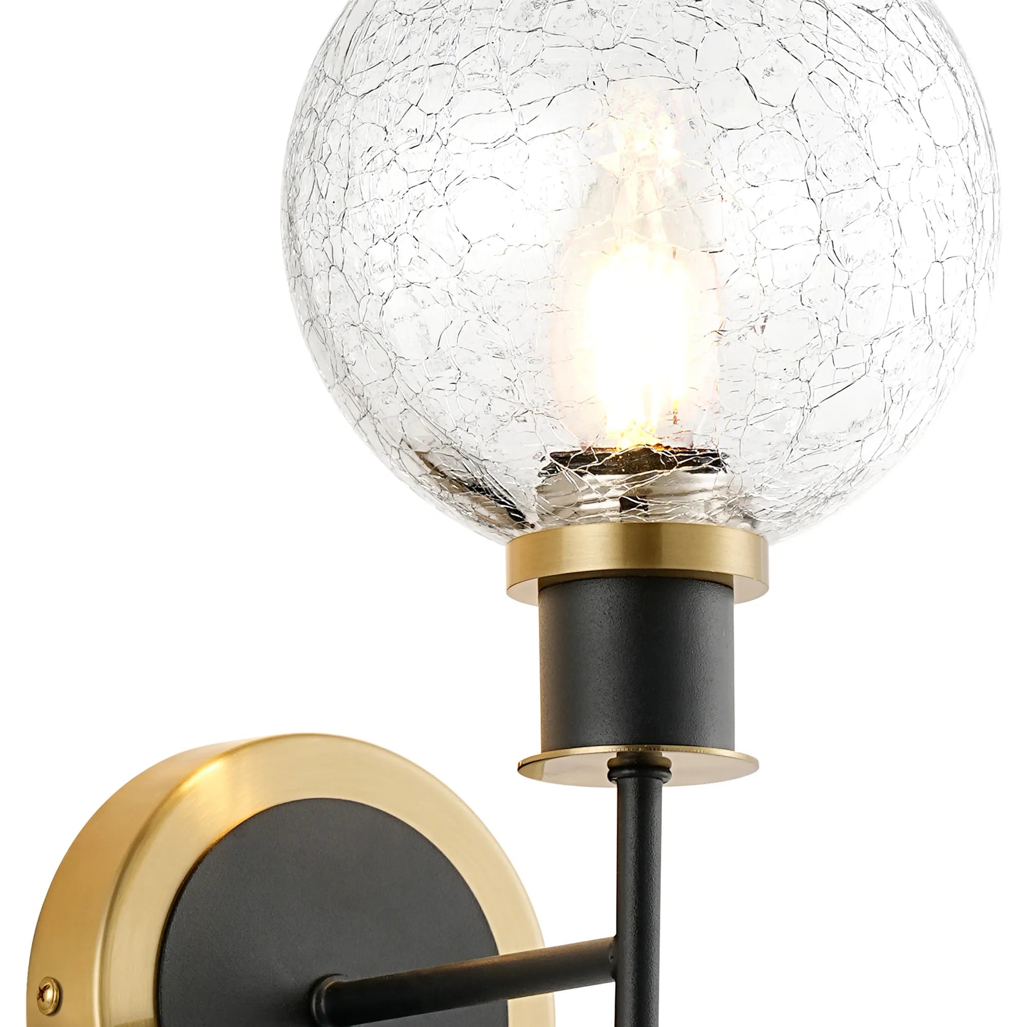 Sycamore Switched Wall Light with 15cm Round Crackled Glass Shade - Brass, Clear & Satin Black