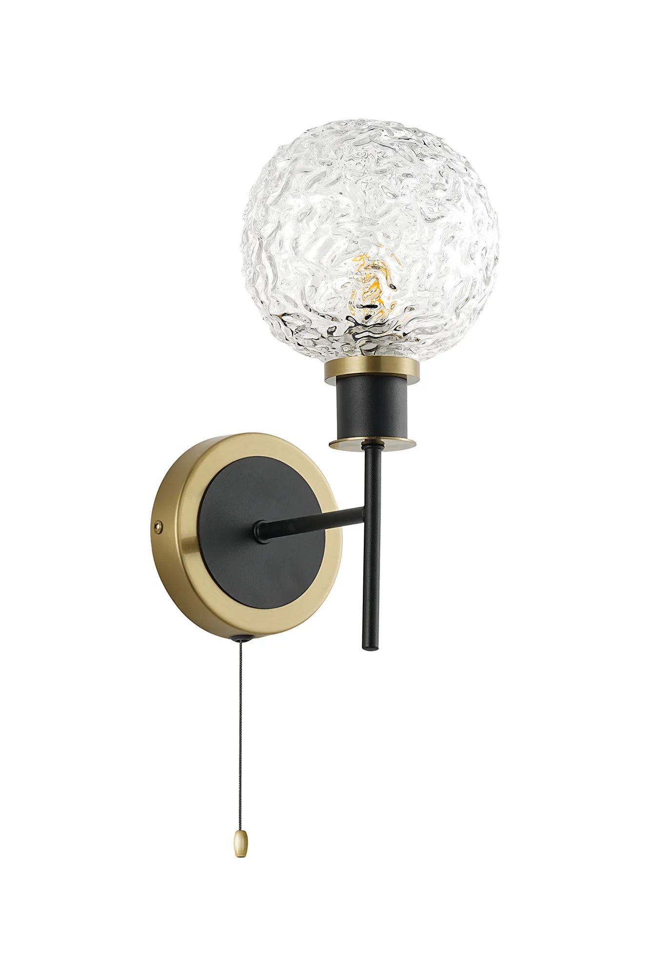 Sycamore Switched Wall Light with 15cm Round Textured Crumple Glass Shade - Brass, Clear & Satin Black
