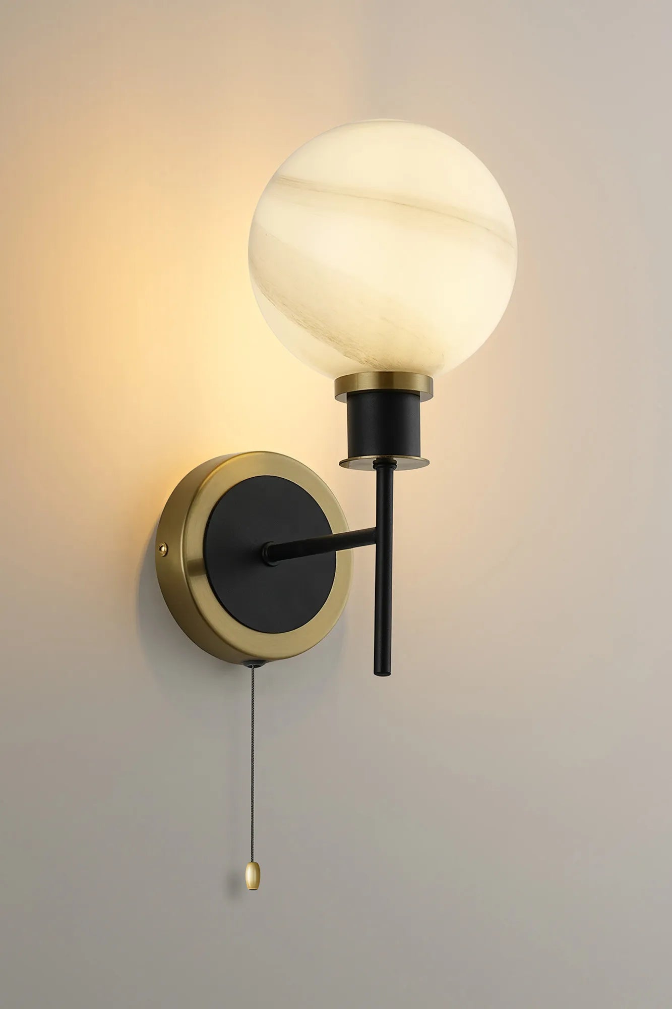 Sycamore Switched Wall Light with 15cm Round Marble Effect Glass Shade - Brass, White & Satin Black