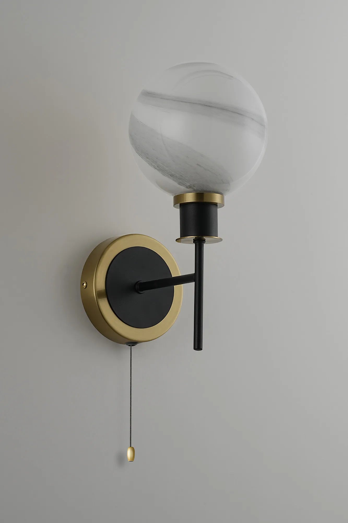 Sycamore Switched Wall Light with 15cm Round Marble Effect Glass Shade - Brass, White & Satin Black