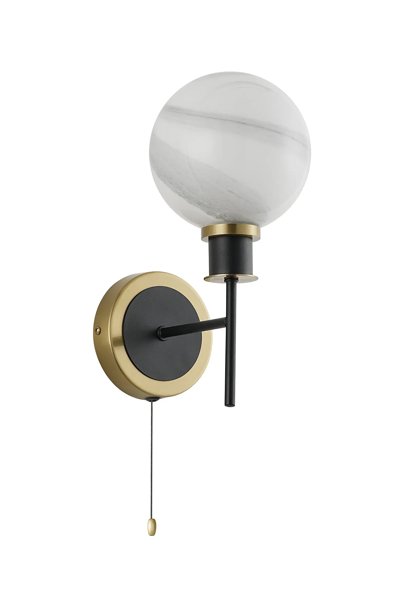 Sycamore Switched Wall Light with 15cm Round Marble Effect Glass Shade - Brass, White & Satin Black