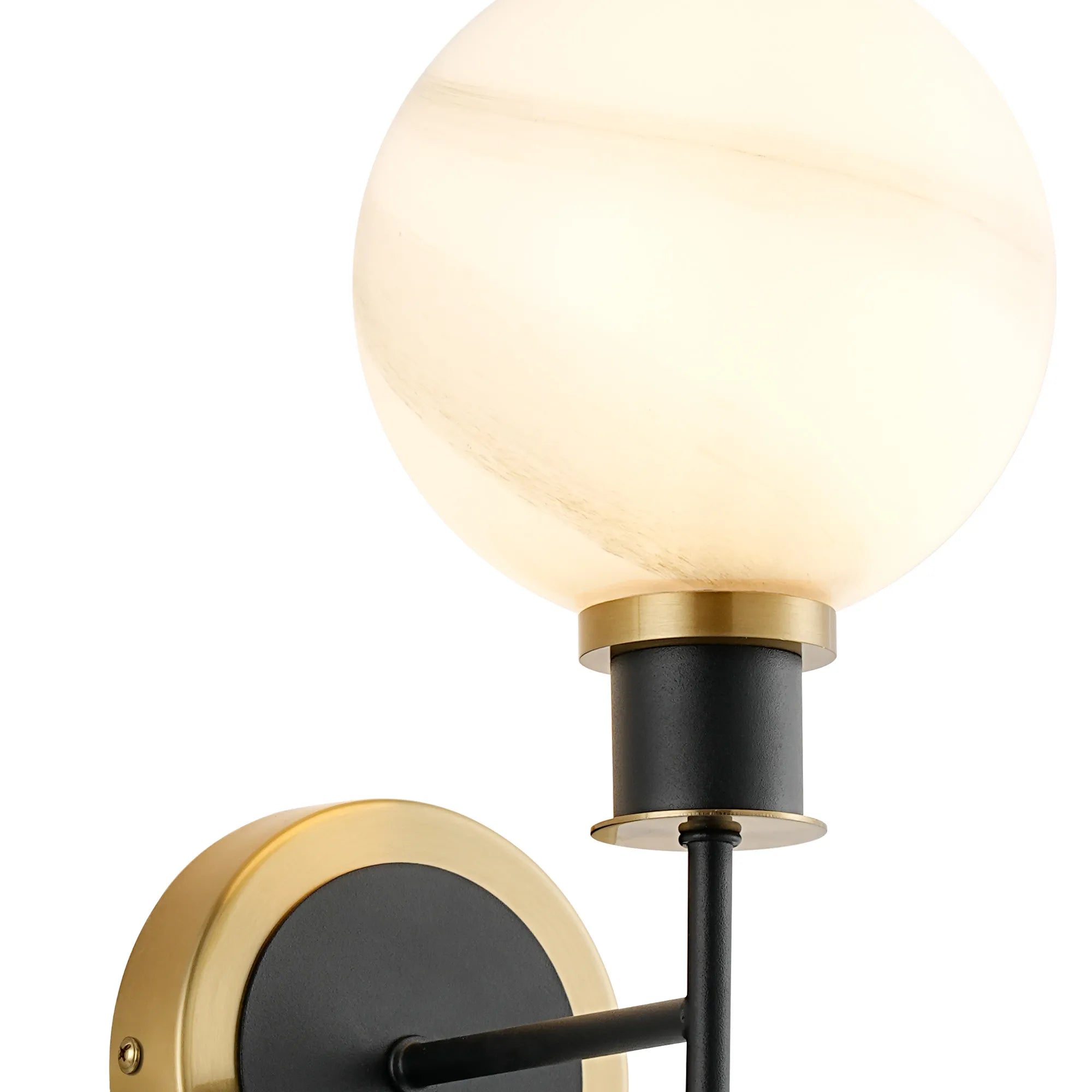 Sycamore Switched Wall Light with 15cm Round Marble Effect Glass Shade - Brass, White & Satin Black