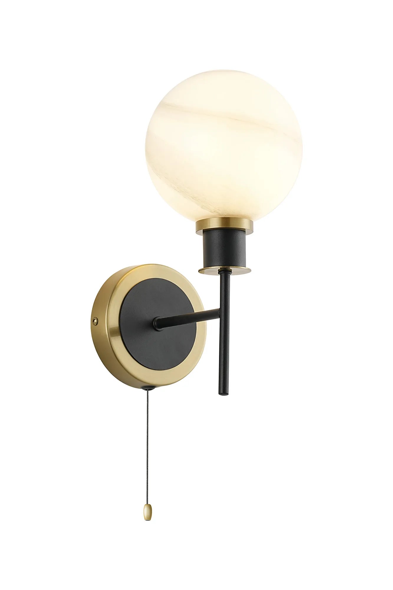 Sycamore Switched Wall Light with 15cm Round Marble Effect Glass Shade - Brass, White & Satin Black