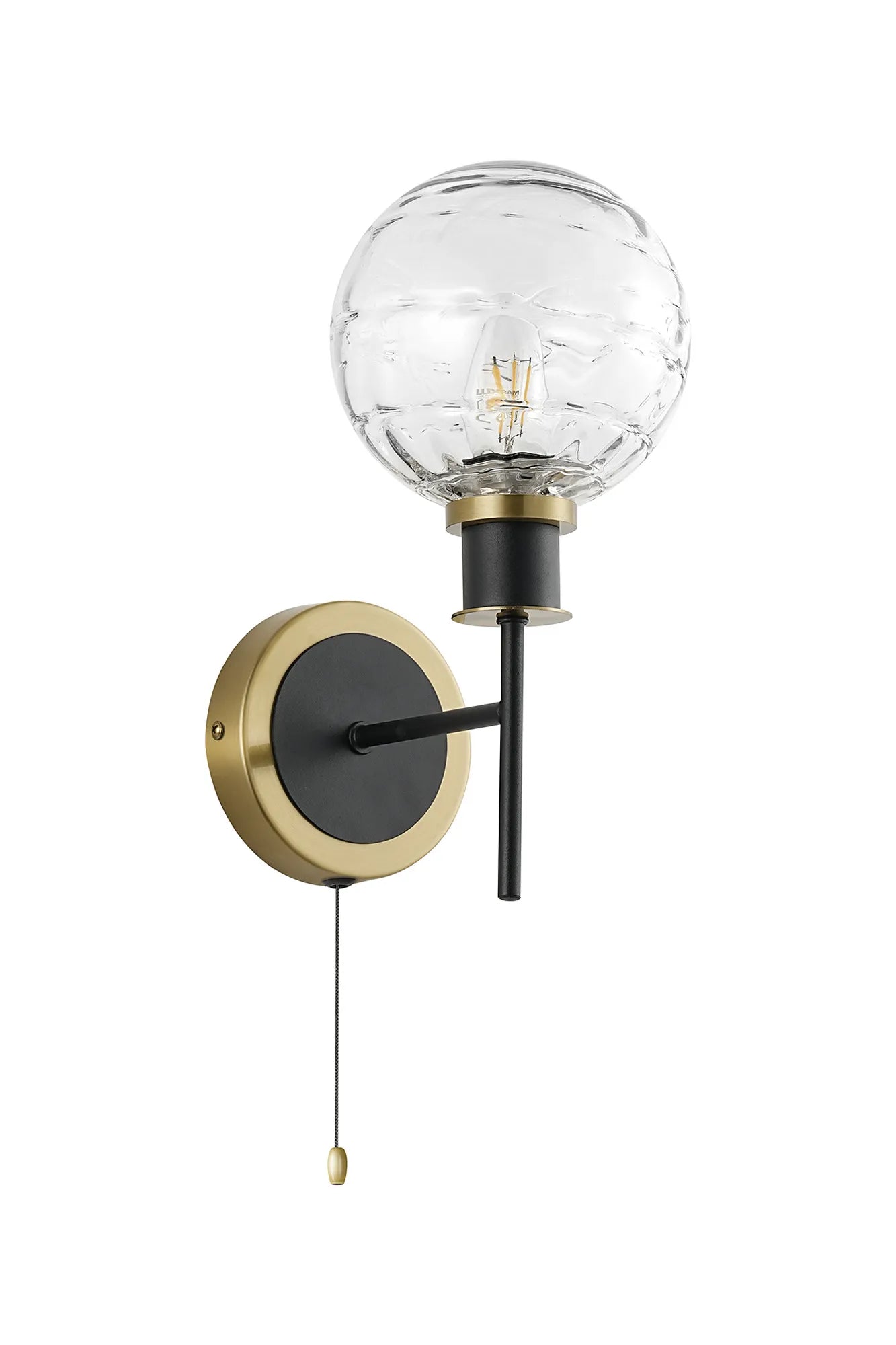 Sycamore Switched Wall Light with 15cm Round Textured Melting Glass Shade - Brass, Clear & Satin Black