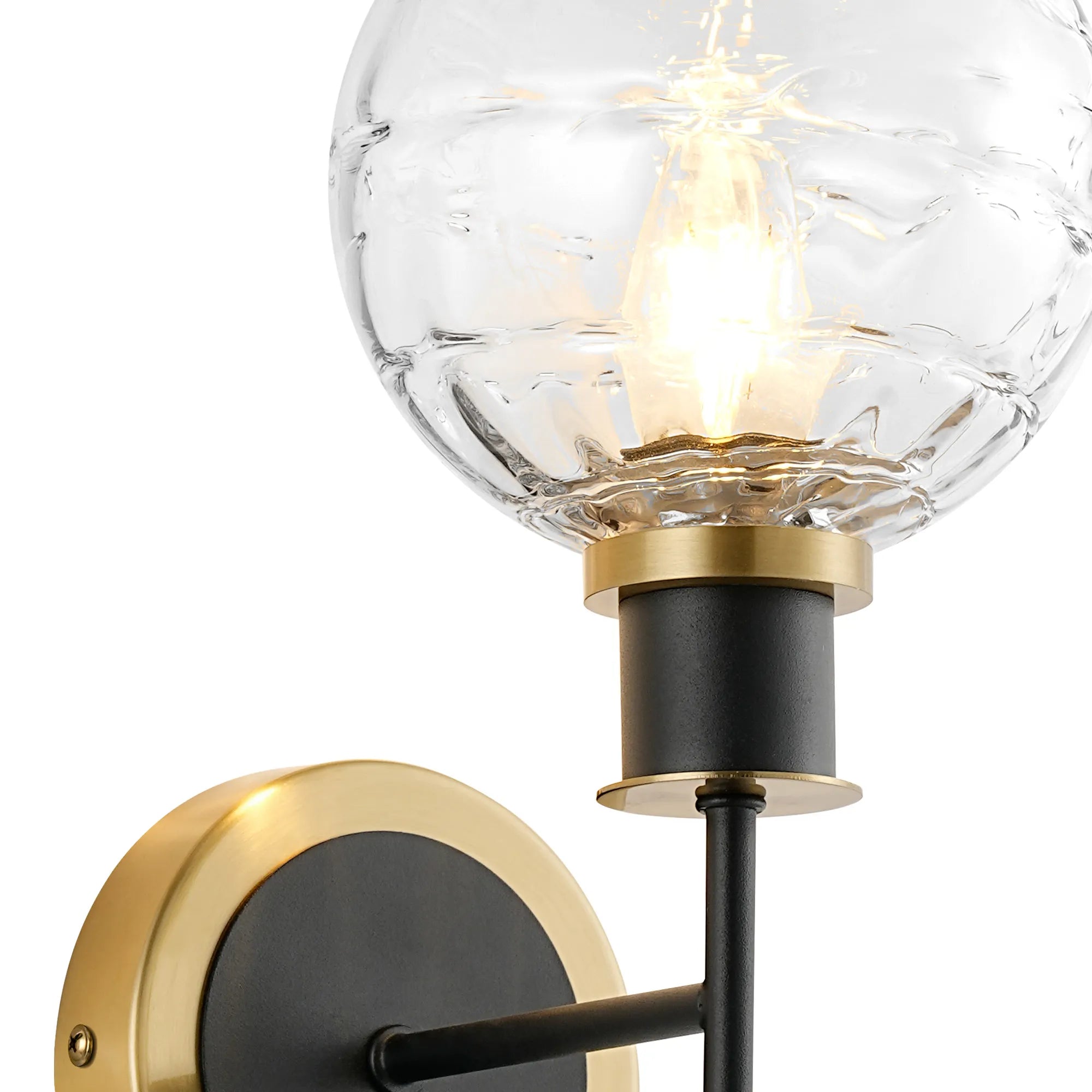 Sycamore Switched Wall Light with 15cm Round Textured Melting Glass Shade - Brass, Clear & Satin Black