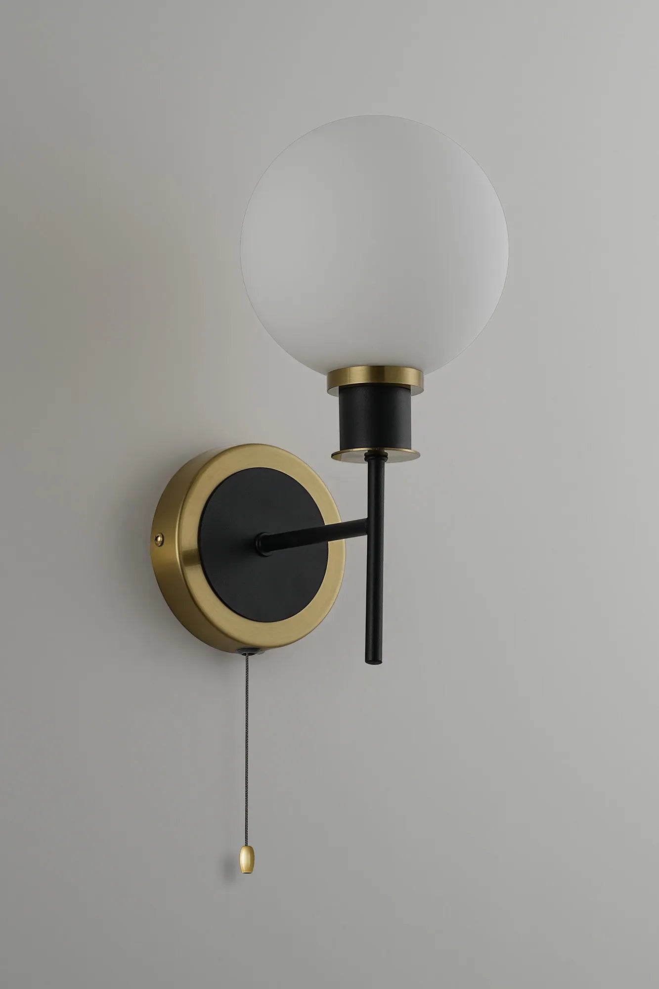 Sycamore Switched Wall Light with 15cm Round Glass Shade - Brass, Opal & Satin Black
