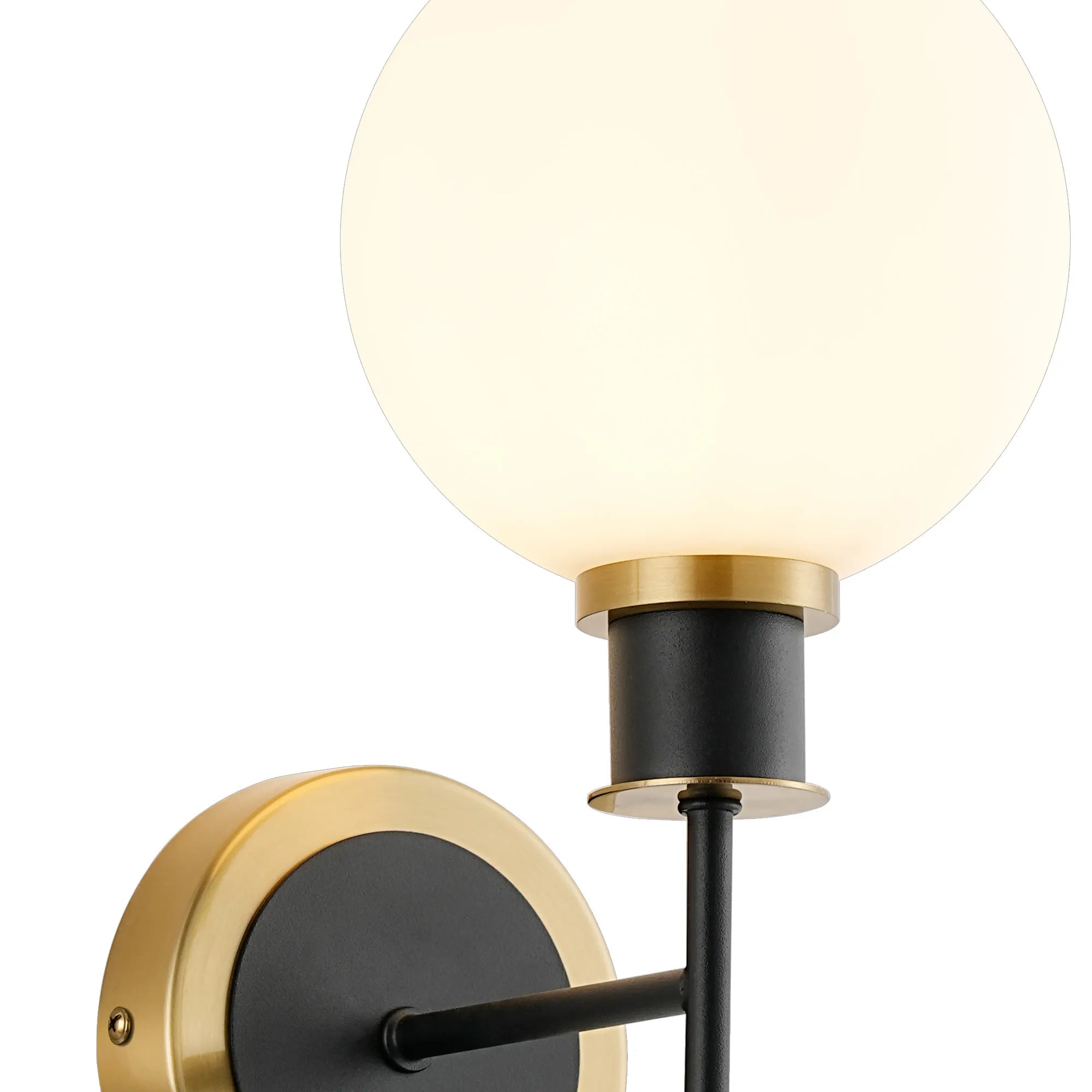 Sycamore Switched Wall Light with 15cm Round Glass Shade - Brass, Opal & Satin Black