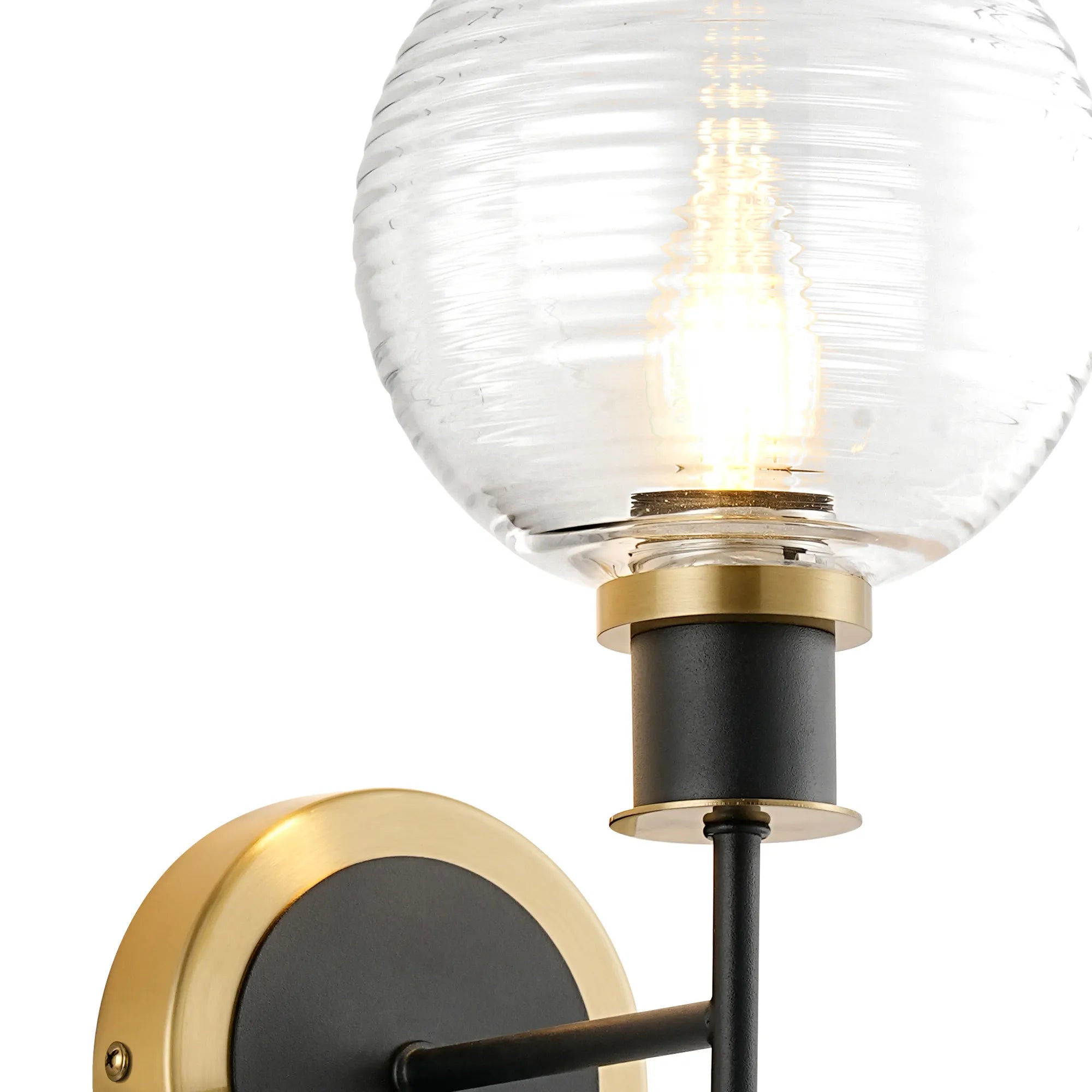 Sycamore Switched Wall Light with 15cm Round Ribbed Glass Shade - Brass, Clear & Satin Black