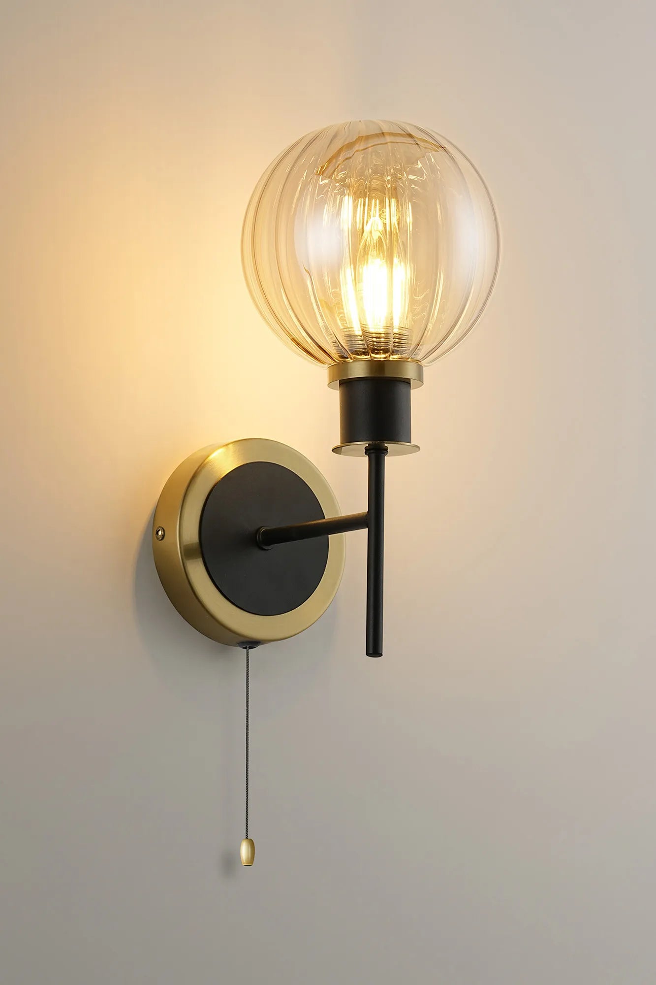 Sycamore Switched Wall Light with 15cm Round Segment Glass Shade - Brass, Amber Plated & Satin Black