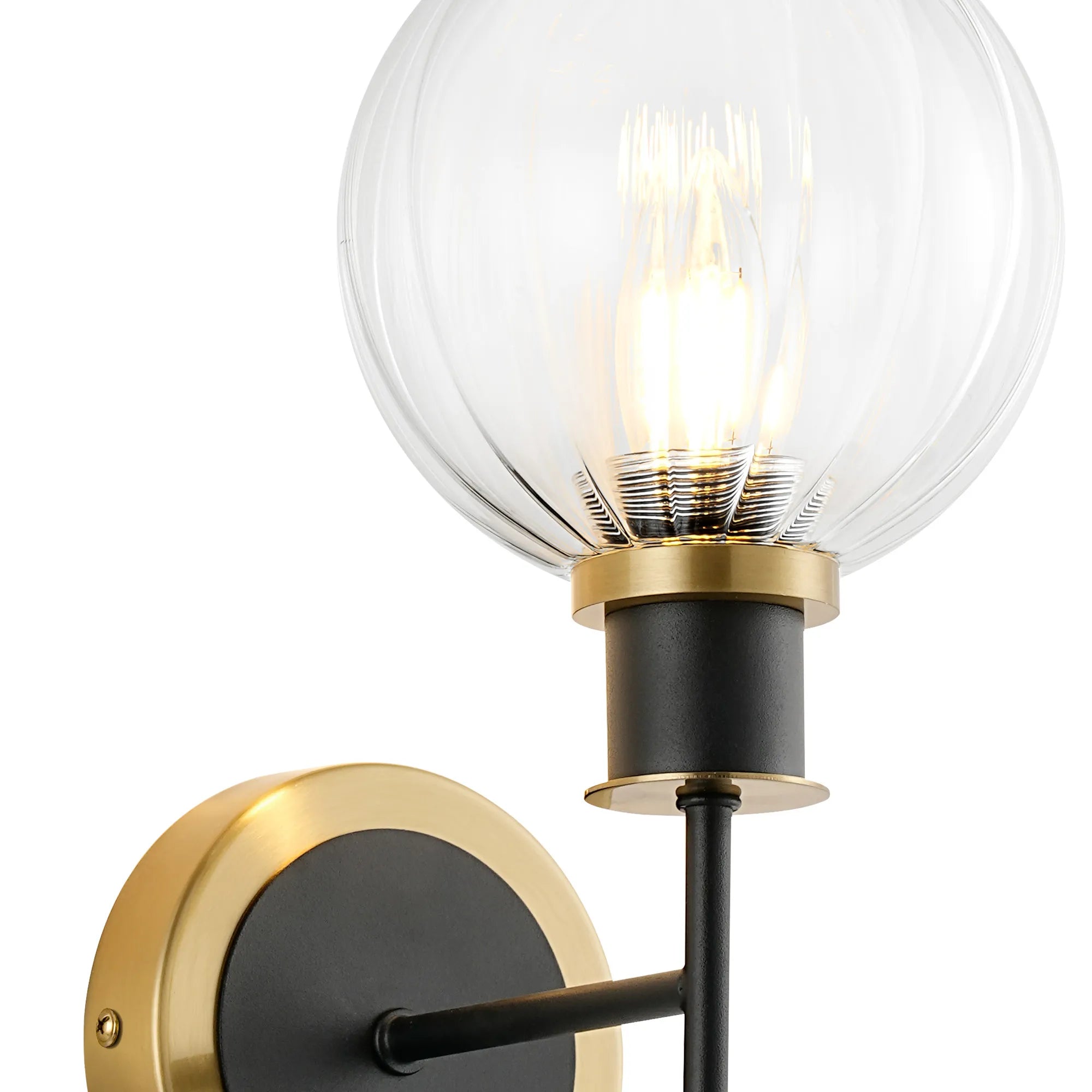 Sycamore Switched Wall Light with 15cm Round Segment Glass Shade - Brass, Clear & Satin Black