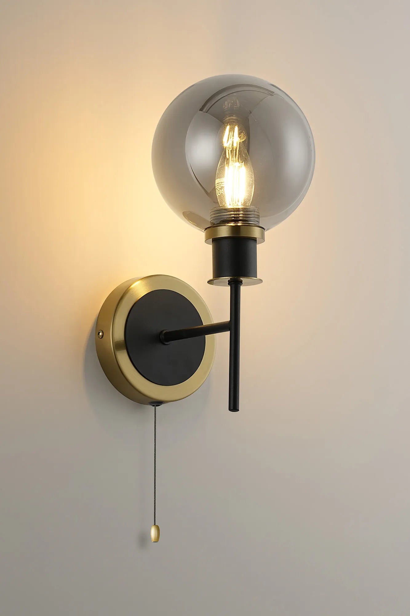 Sycamore Switched Wall Light with 15cm Round Glass Shade - Brass, Smoke Plated & Satin Black