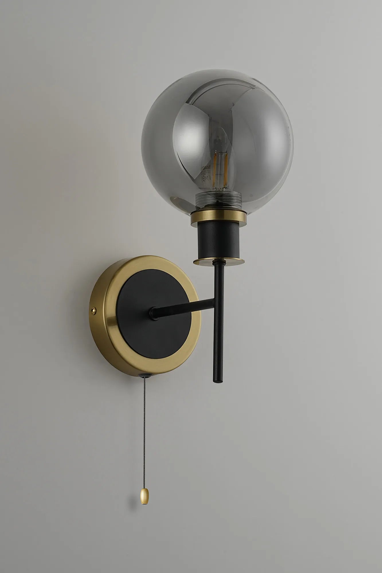 Sycamore Switched Wall Light with 15cm Round Glass Shade - Brass, Smoke Plated & Satin Black
