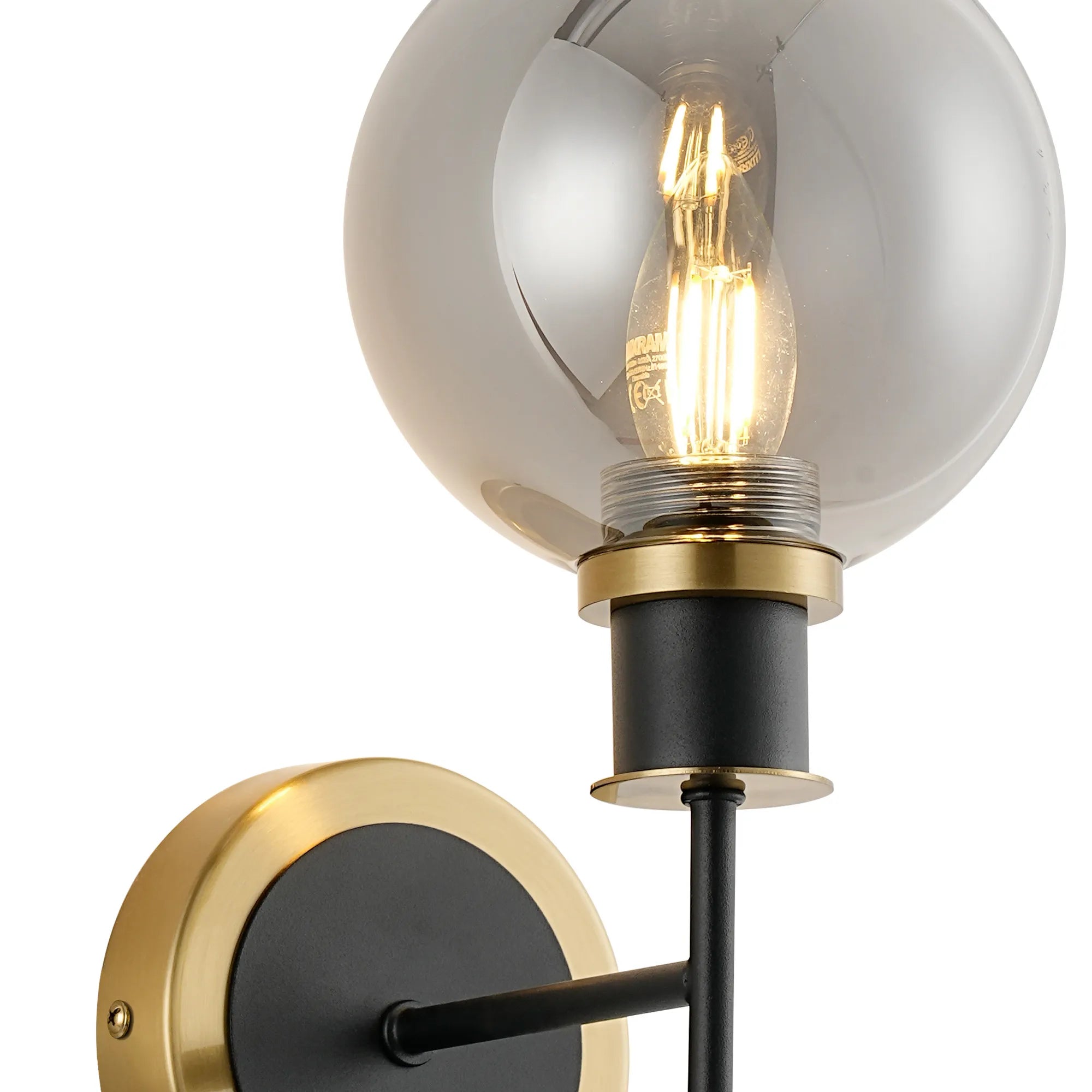 Sycamore Switched Wall Light with 15cm Round Glass Shade - Brass, Smoke Plated & Satin Black