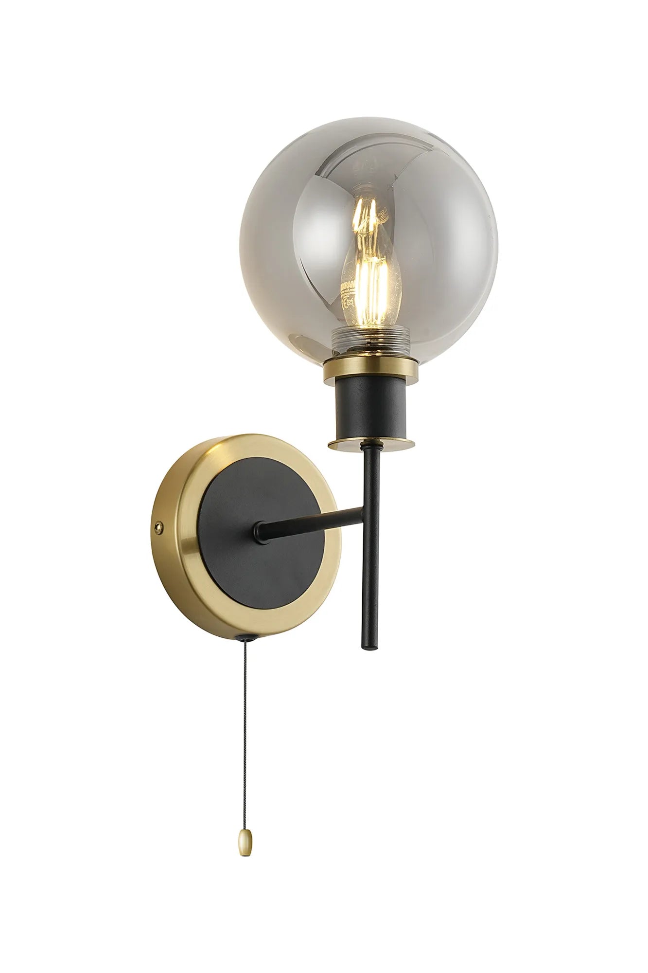 Sycamore Switched Wall Light with 15cm Round Glass Shade - Brass, Smoke Plated & Satin Black