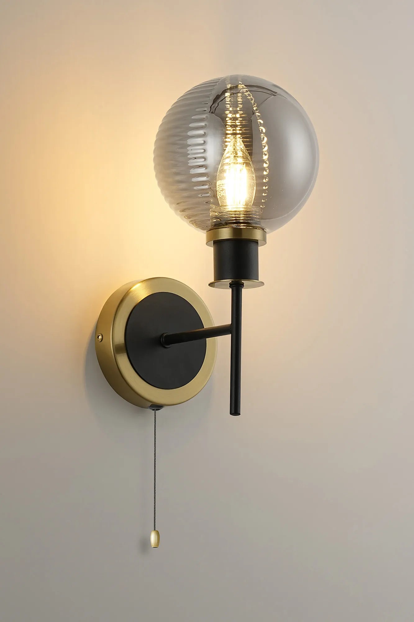Sycamore Switched Wall Light with 15cm Round Double Textured Smooth & Ribbed Glass Shade - Brass, Smoke Plated & Satin Black