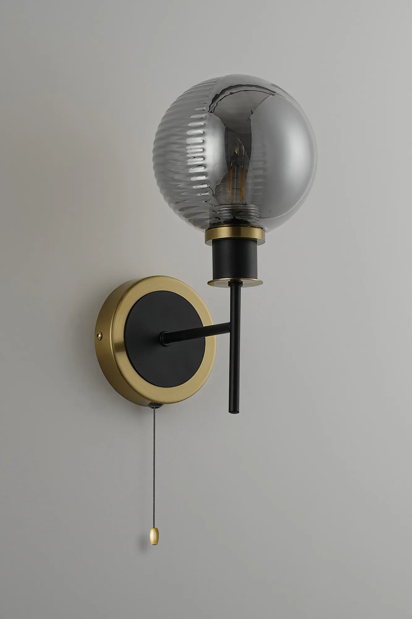 Sycamore Switched Wall Light with 15cm Round Double Textured Smooth & Ribbed Glass Shade - Brass, Smoke Plated & Satin Black