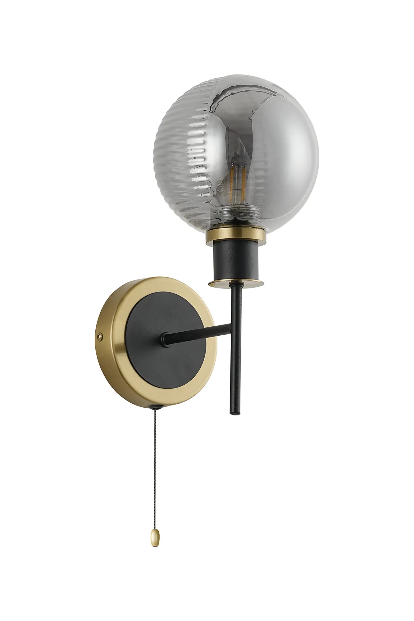 Sycamore Switched Wall Light with 15cm Round Double Textured Smooth & Ribbed Glass Shade - Brass, Smoke Plated & Satin Black