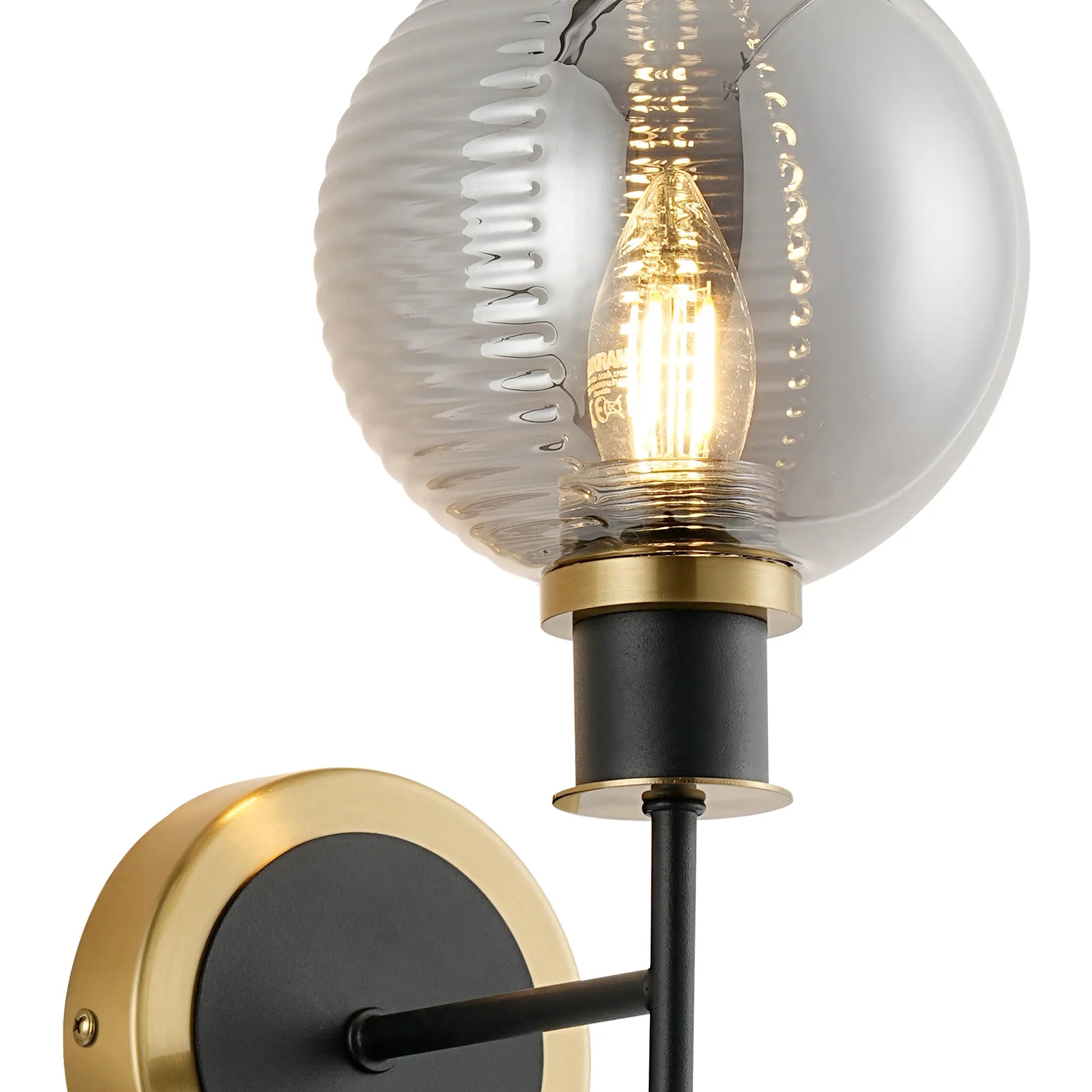 Sycamore Switched Wall Light with 15cm Round Double Textured Smooth & Ribbed Glass Shade - Brass, Smoke Plated & Satin Black