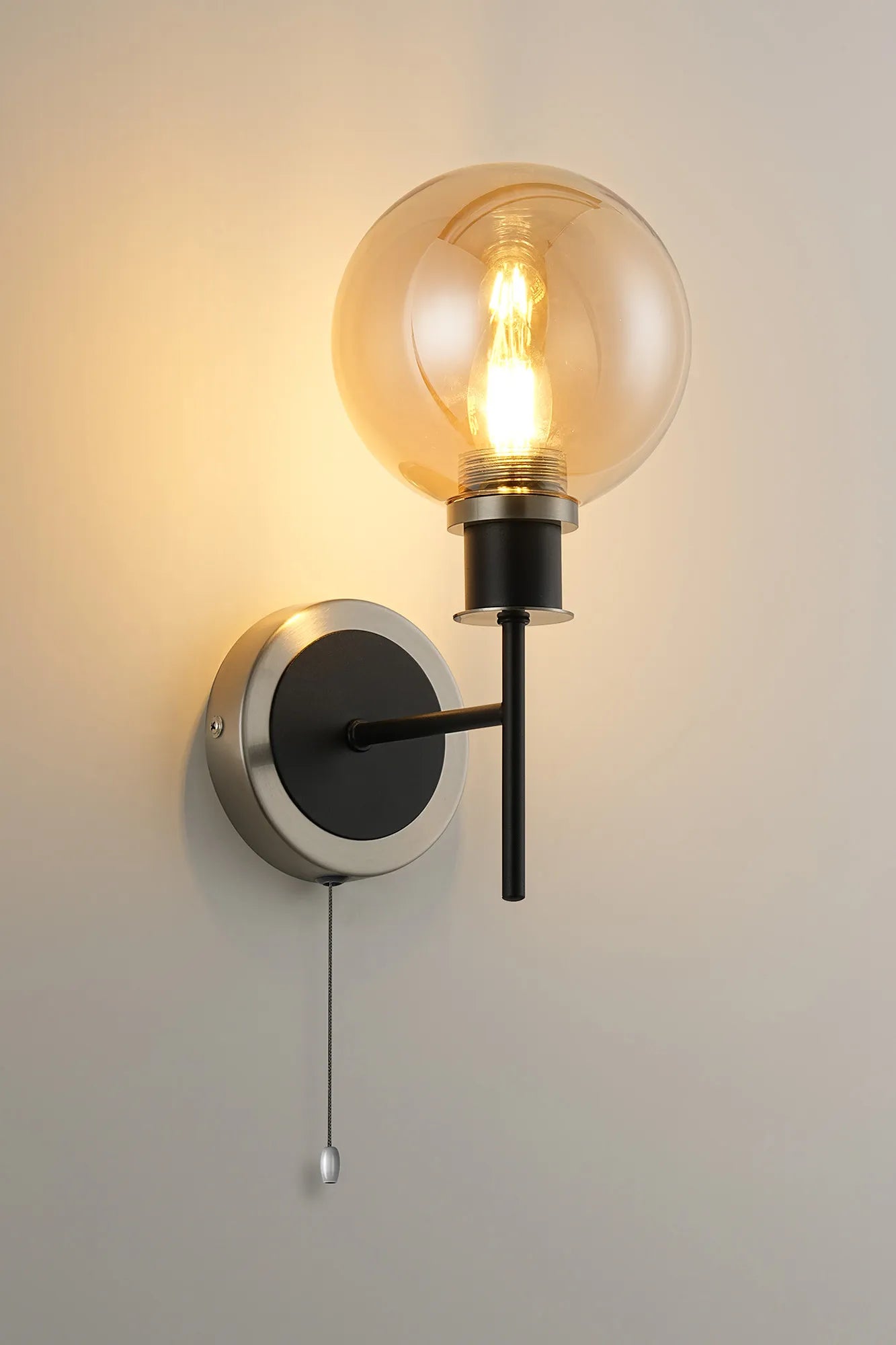 Sycamore Switched Wall Light with 15cm Round Glass Shade - Satin Nickel, Amber Plated & Satin Black