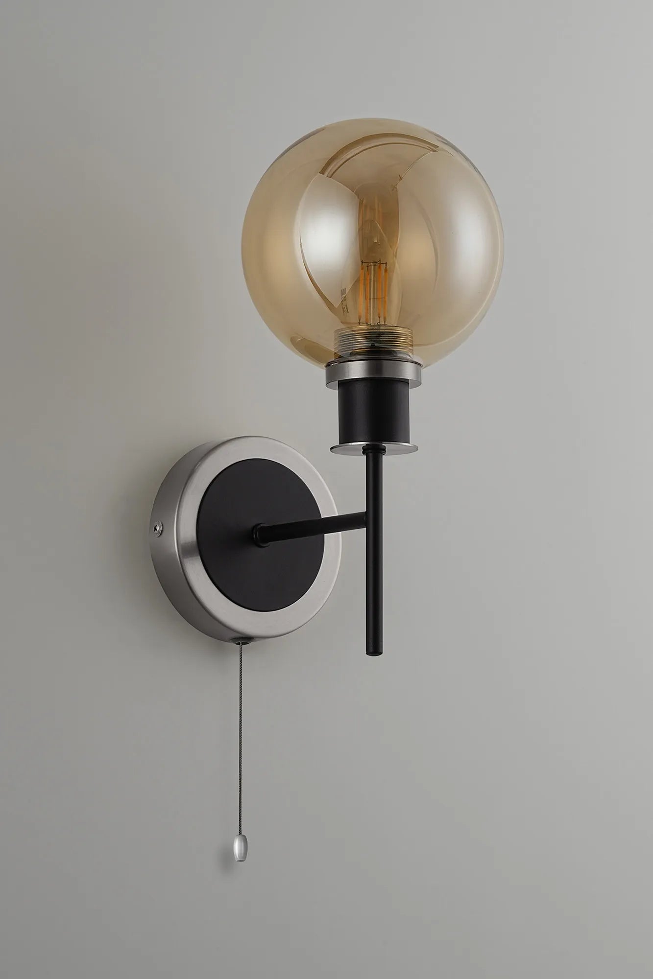 Sycamore Switched Wall Light with 15cm Round Glass Shade - Satin Nickel, Amber Plated & Satin Black
