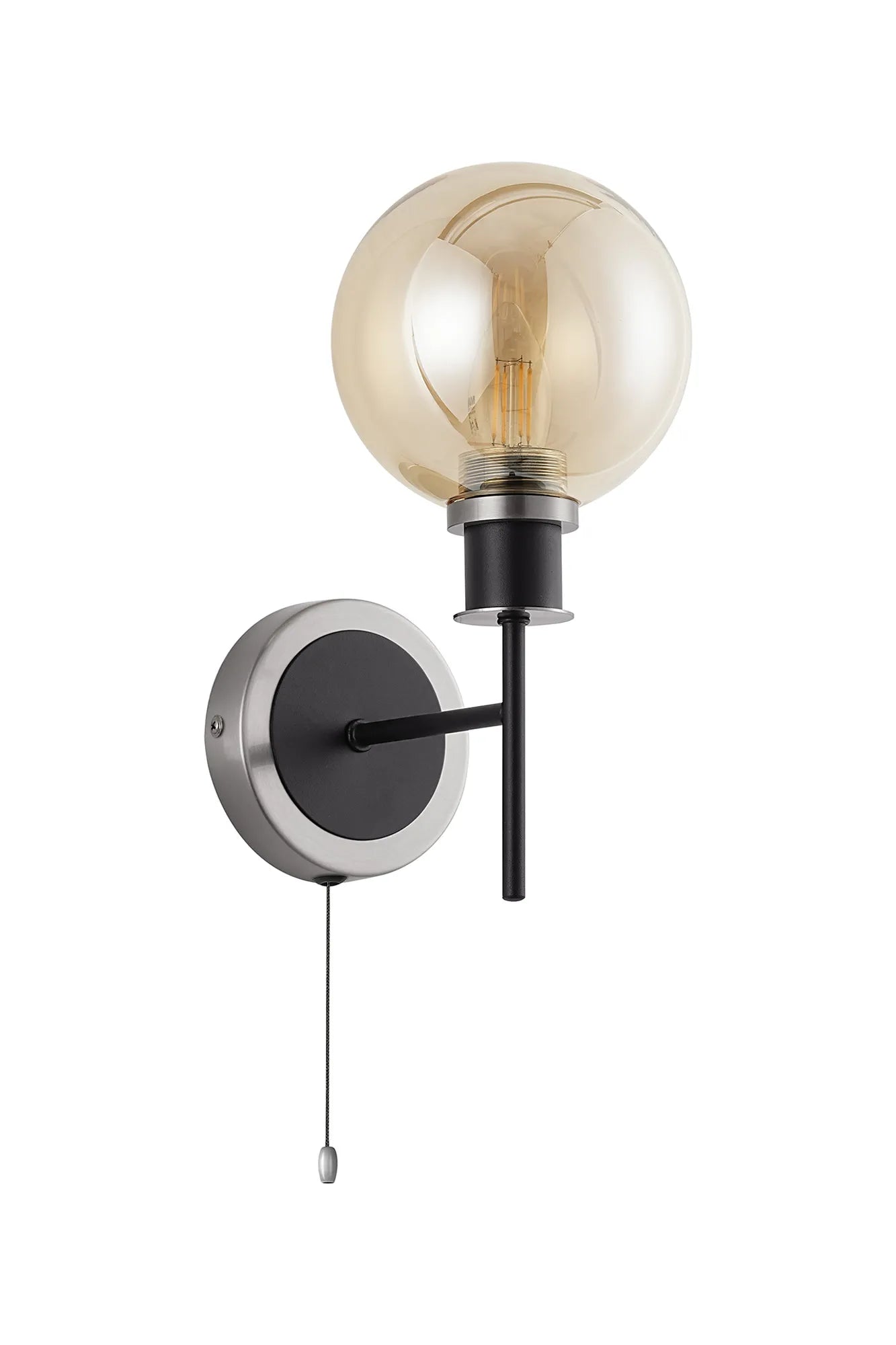 Sycamore Switched Wall Light with 15cm Round Glass Shade - Satin Nickel, Amber Plated & Satin Black