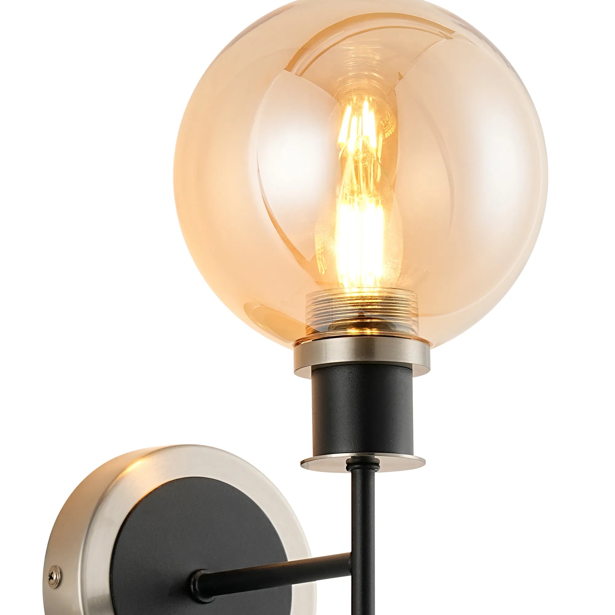 Sycamore Switched Wall Light with 15cm Round Glass Shade - Satin Nickel, Amber Plated & Satin Black