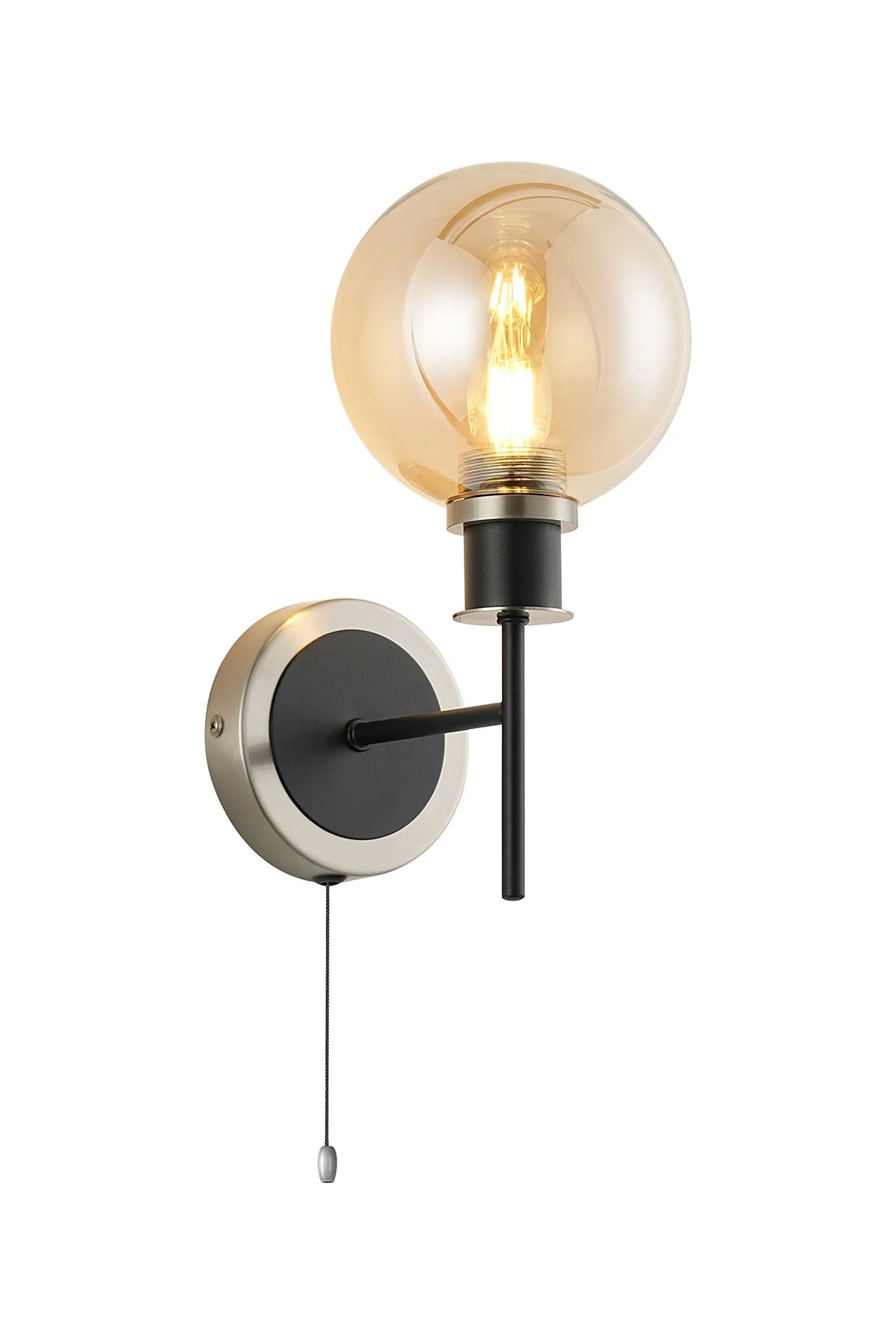 Sycamore Switched Wall Light with 15cm Round Glass Shade - Satin Nickel, Amber Plated & Satin Black