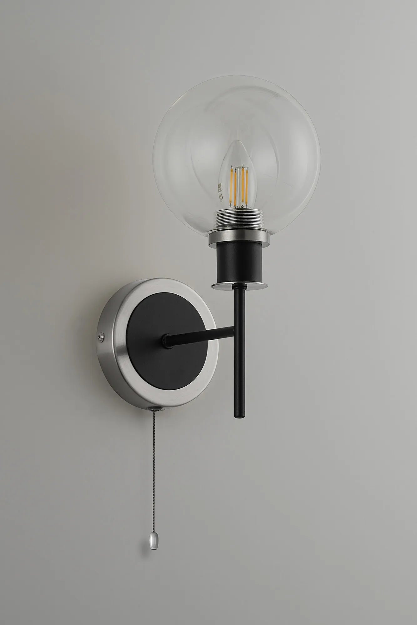 Sycamore Switched Wall Light with 15cm Round Glass Shade - Satin Nickel, Clear & Satin Black
