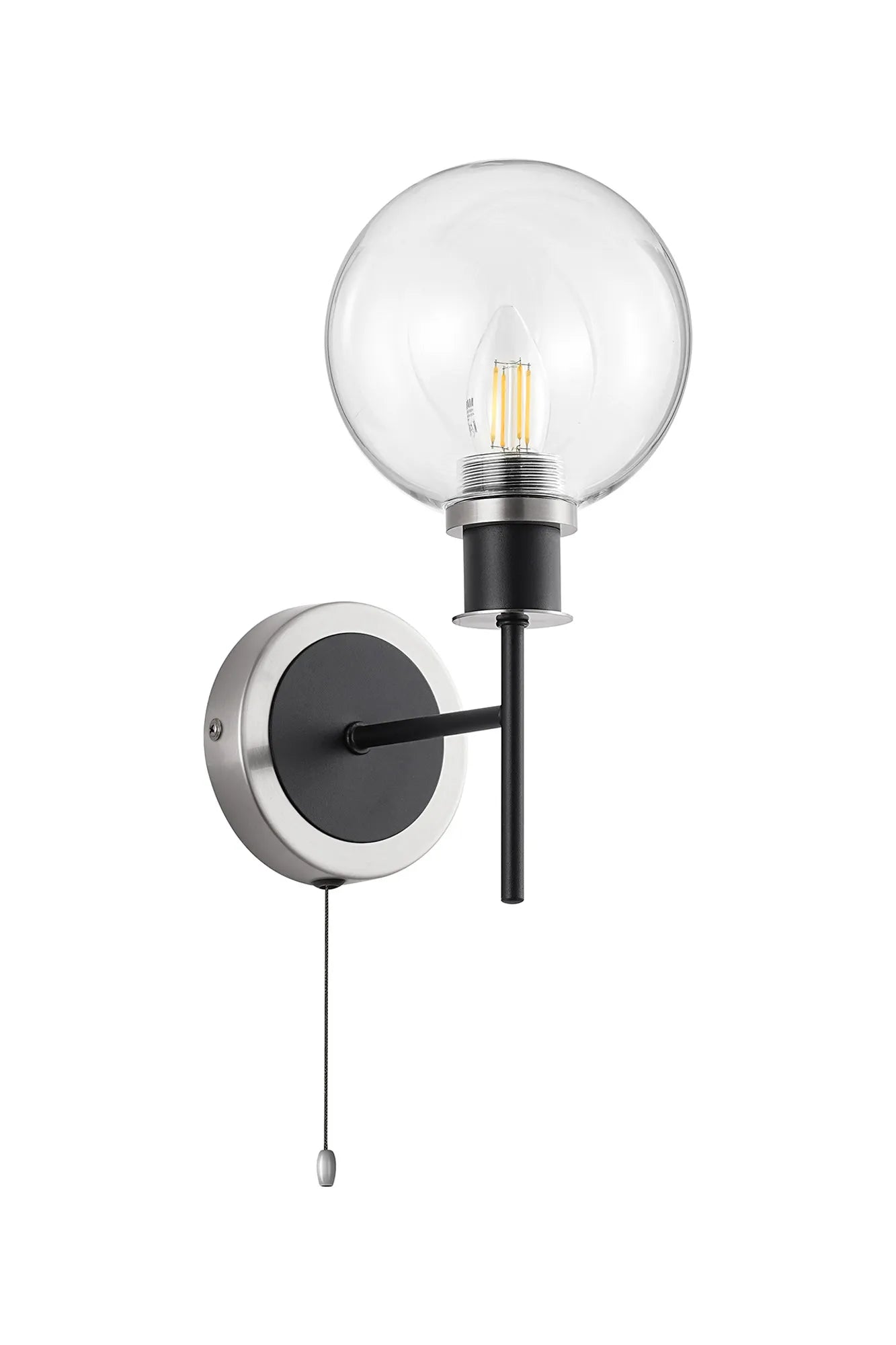 Sycamore Switched Wall Light with 15cm Round Glass Shade - Satin Nickel, Clear & Satin Black