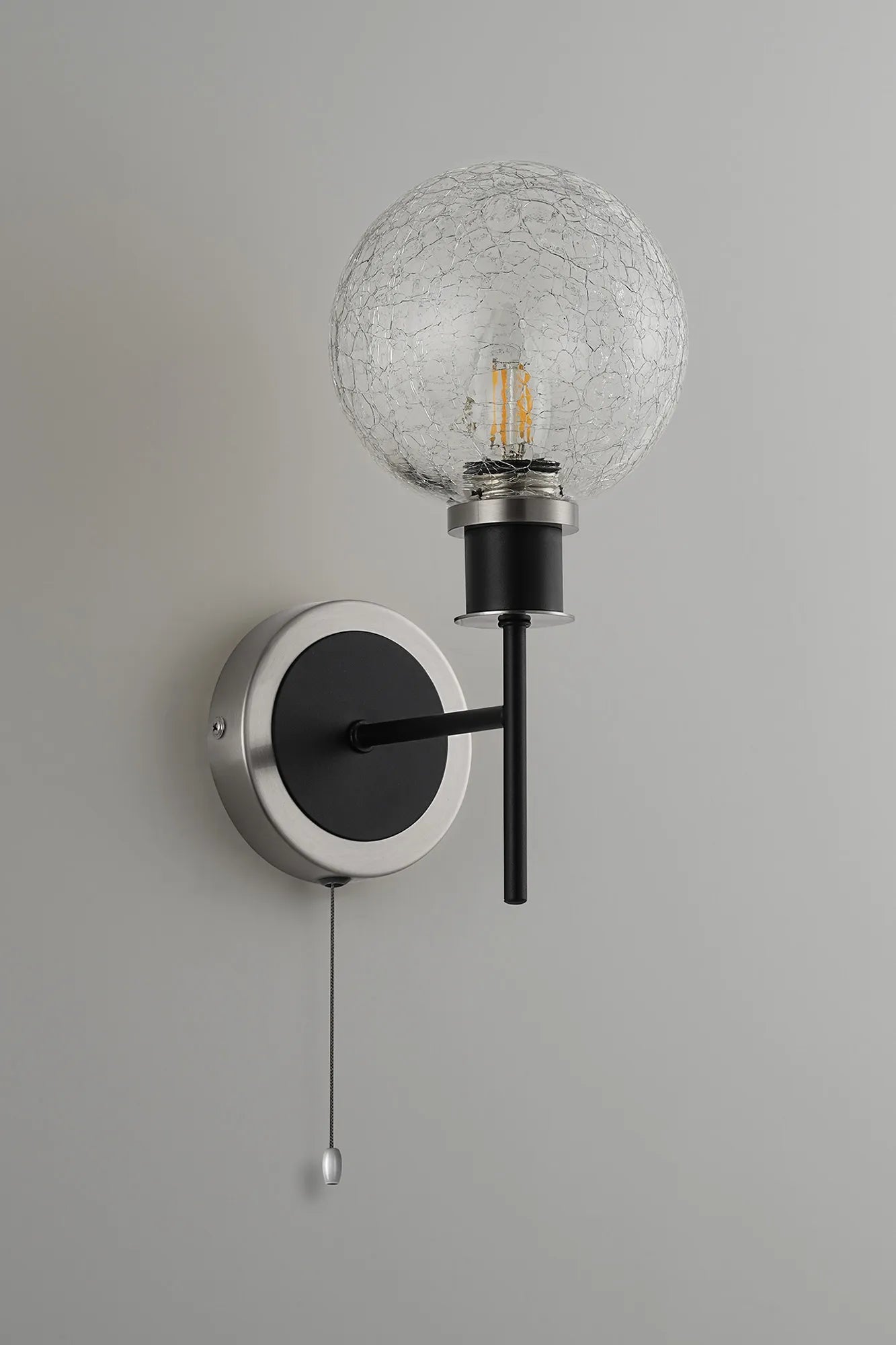 Sycamore Switched Wall Light with 15cm Round Crackled Glass Shade - Satin Nickel, Clear & Satin Black
