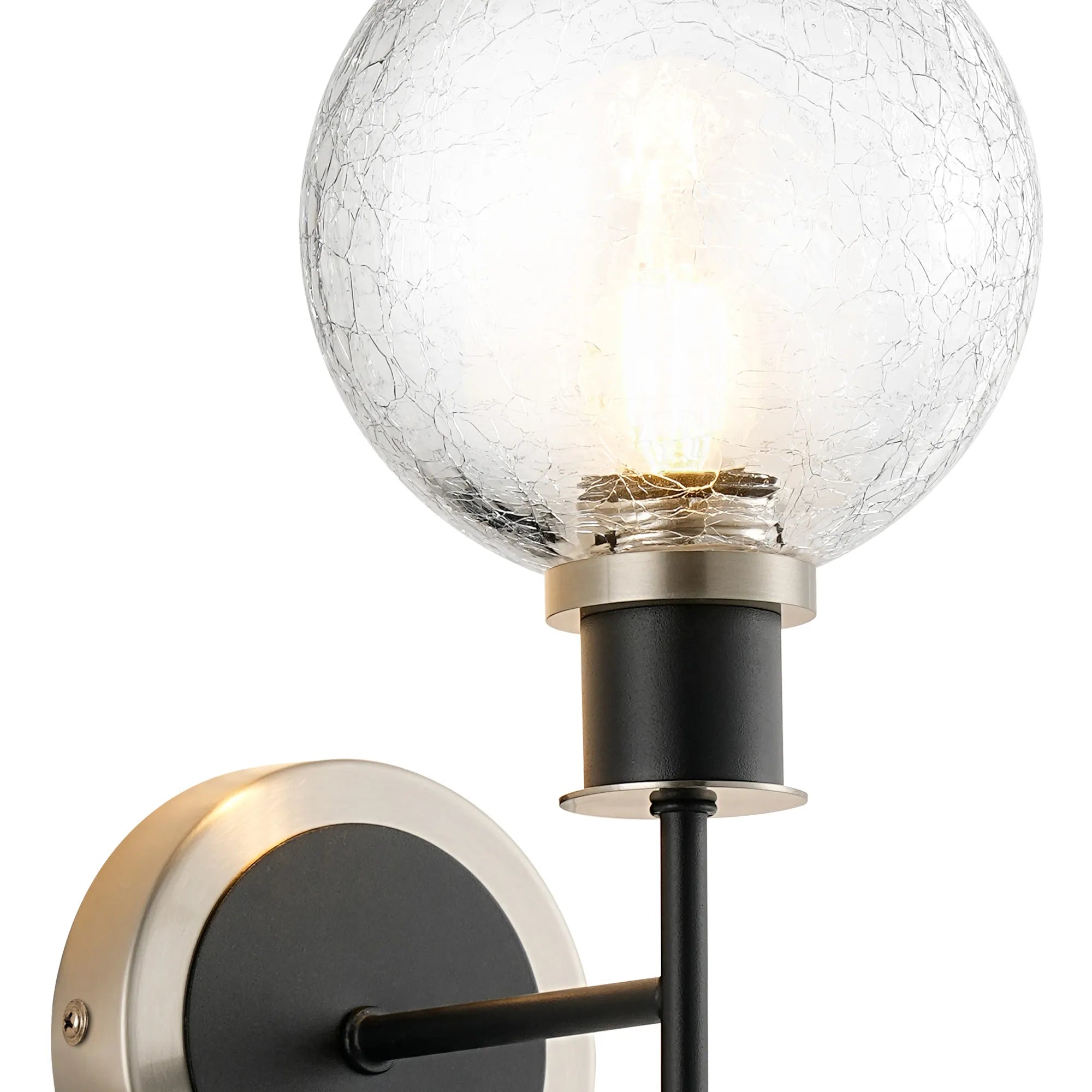 Sycamore Switched Wall Light with 15cm Round Crackled Glass Shade - Satin Nickel, Clear & Satin Black