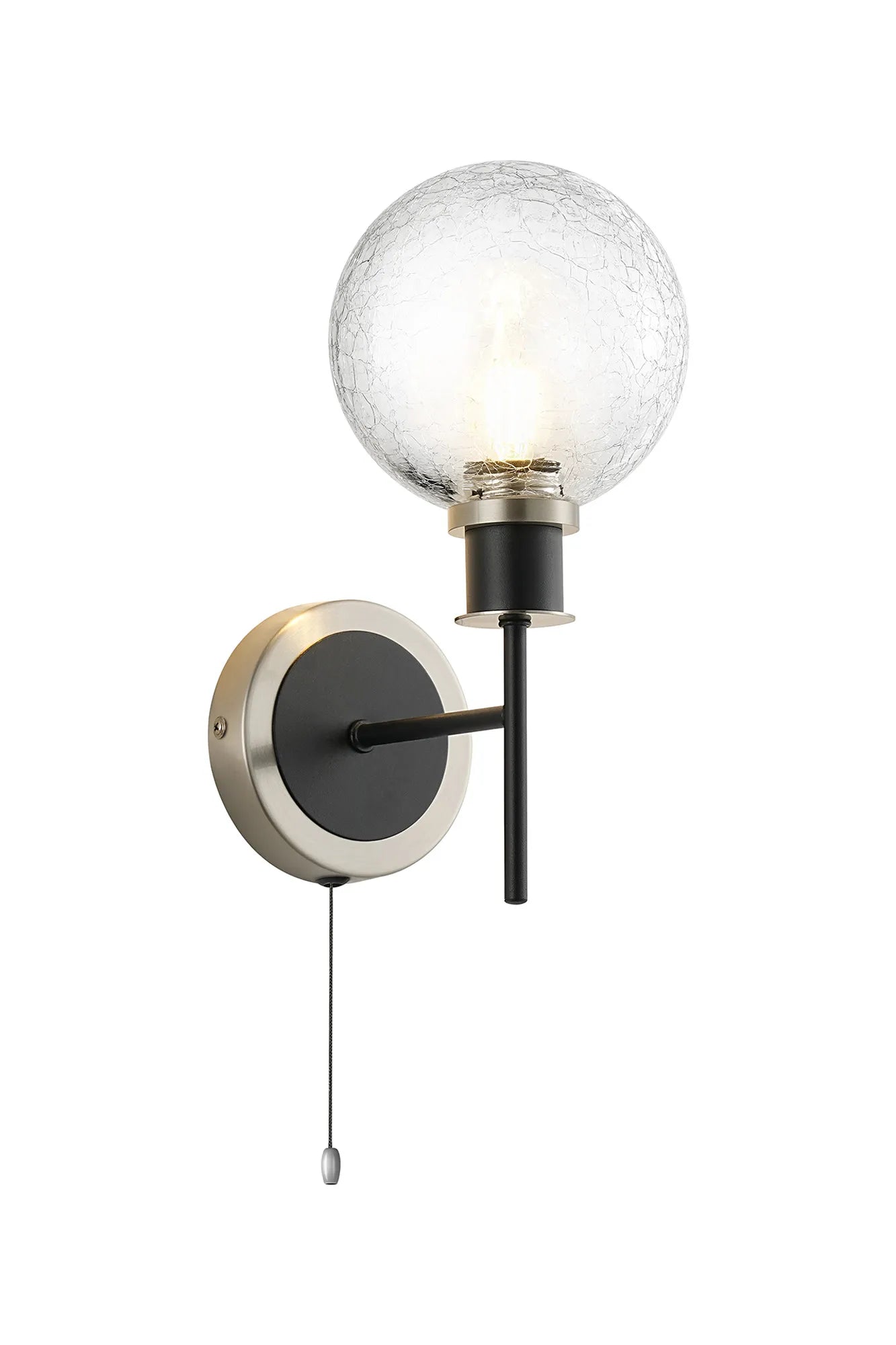 Sycamore Switched Wall Light with 15cm Round Crackled Glass Shade - Satin Nickel, Clear & Satin Black