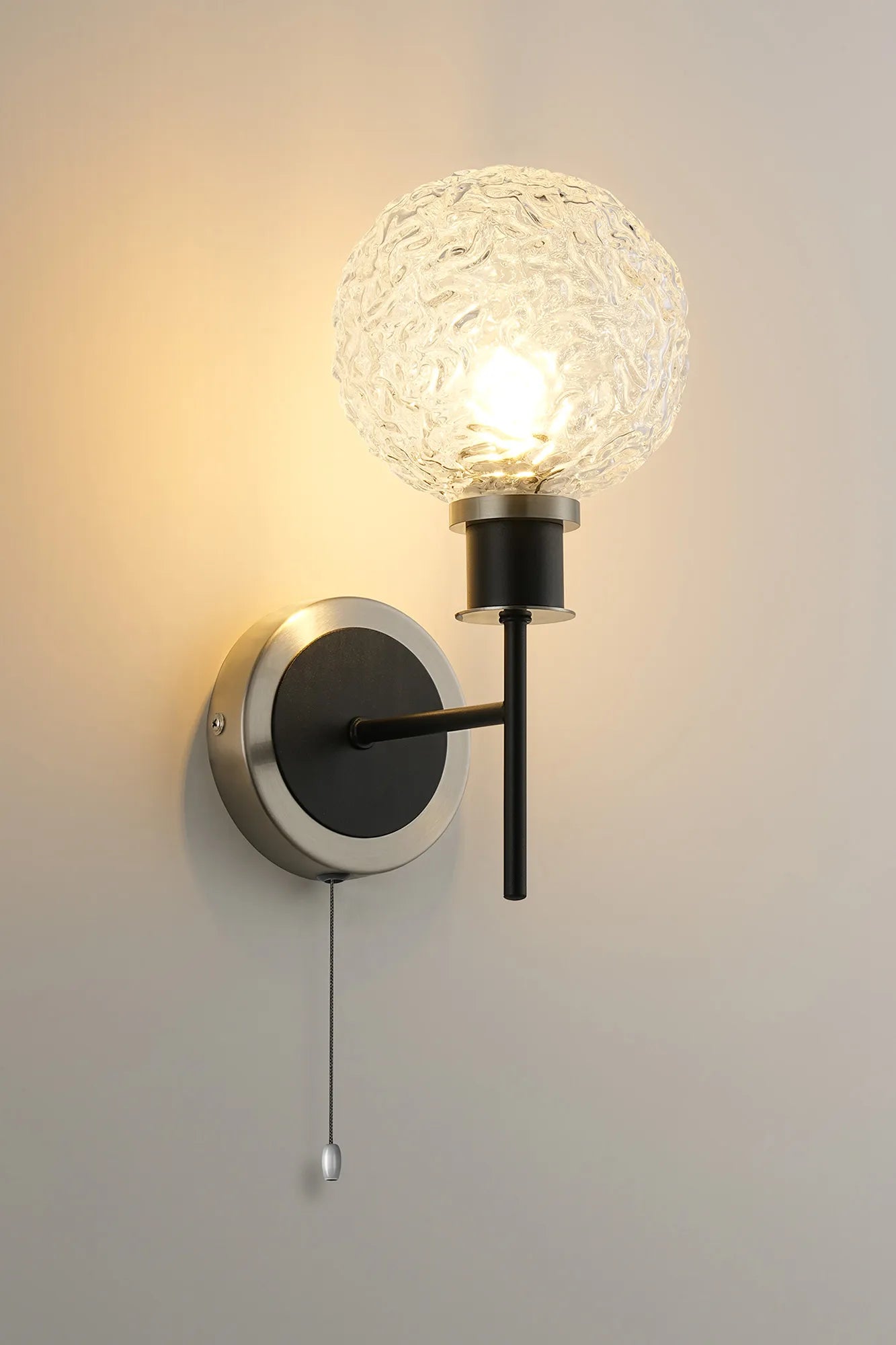 Sycamore Switched Wall Light with 15cm Round Textured Crumple Glass Shade - Satin Nickel, Clear & Satin Black