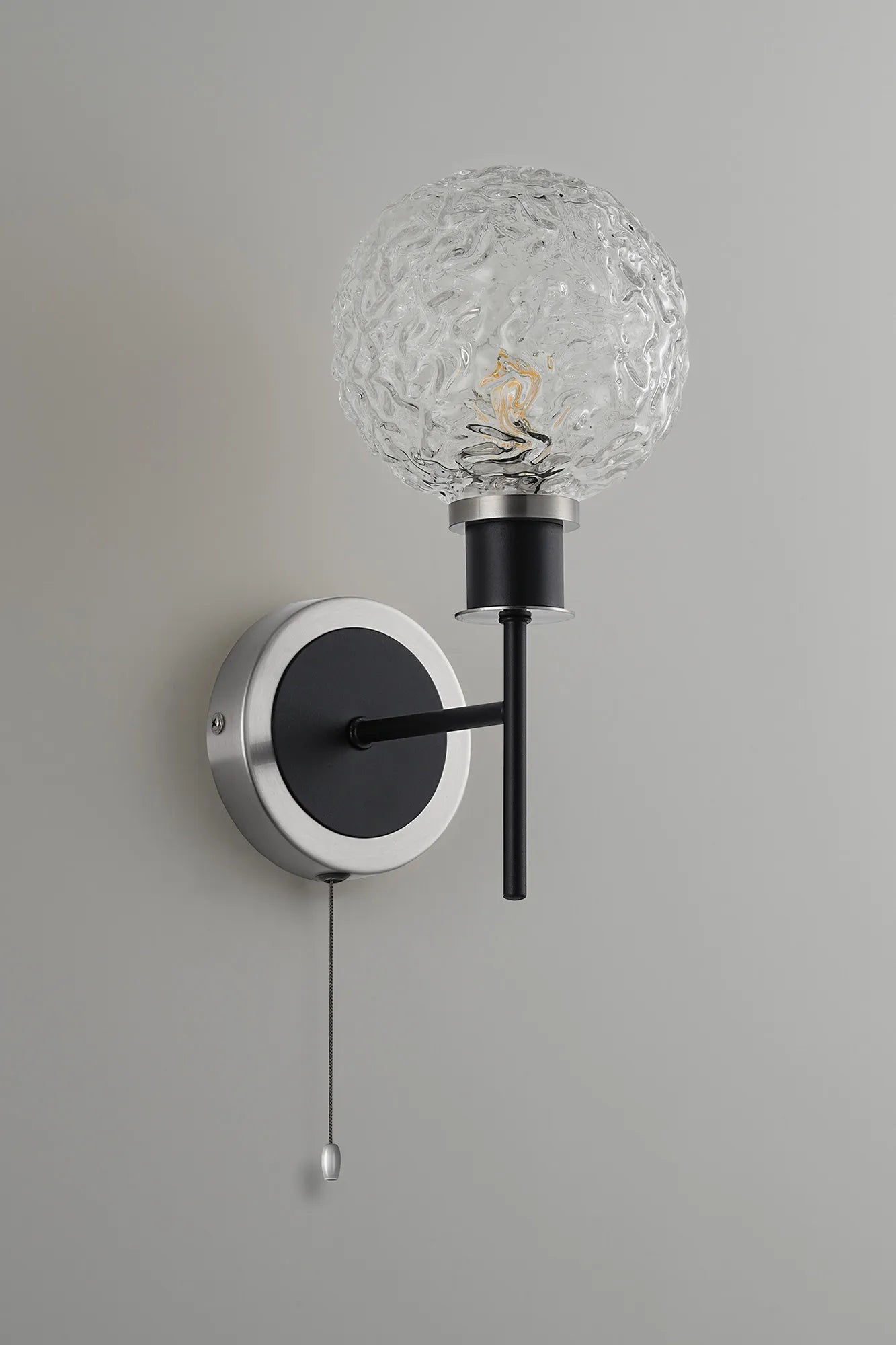 Sycamore Switched Wall Light with 15cm Round Textured Crumple Glass Shade - Satin Nickel, Clear & Satin Black
