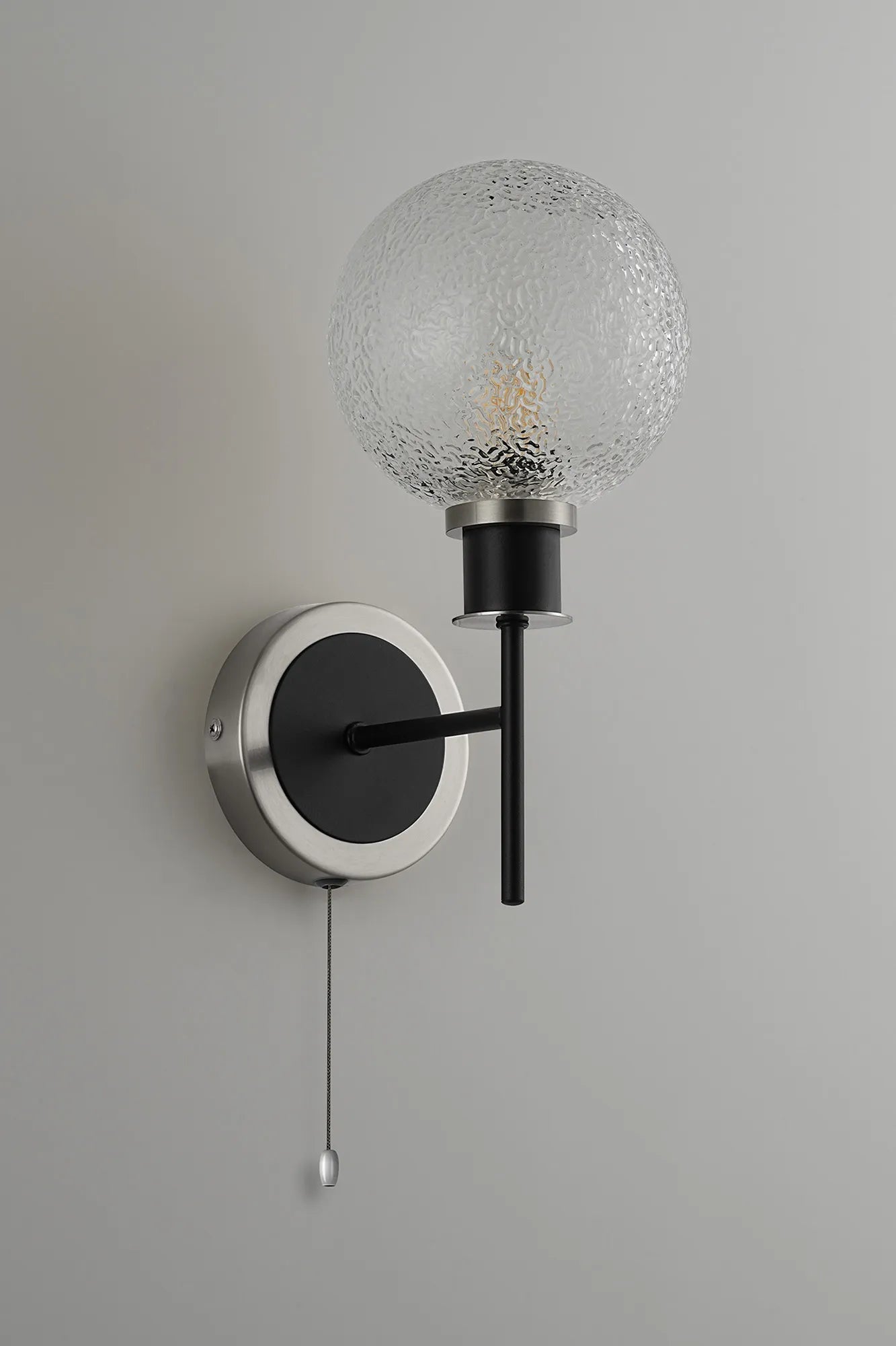 Sycamore Switched Wall Light with 15cm Round Dimpled Glass Shade - Satin Nickel, Clear & Satin Black