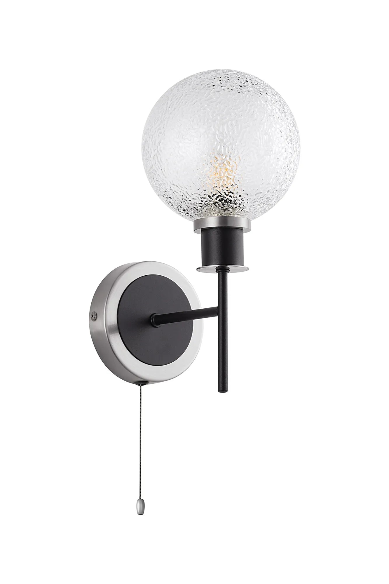 Sycamore Switched Wall Light with 15cm Round Dimpled Glass Shade - Satin Nickel, Clear & Satin Black