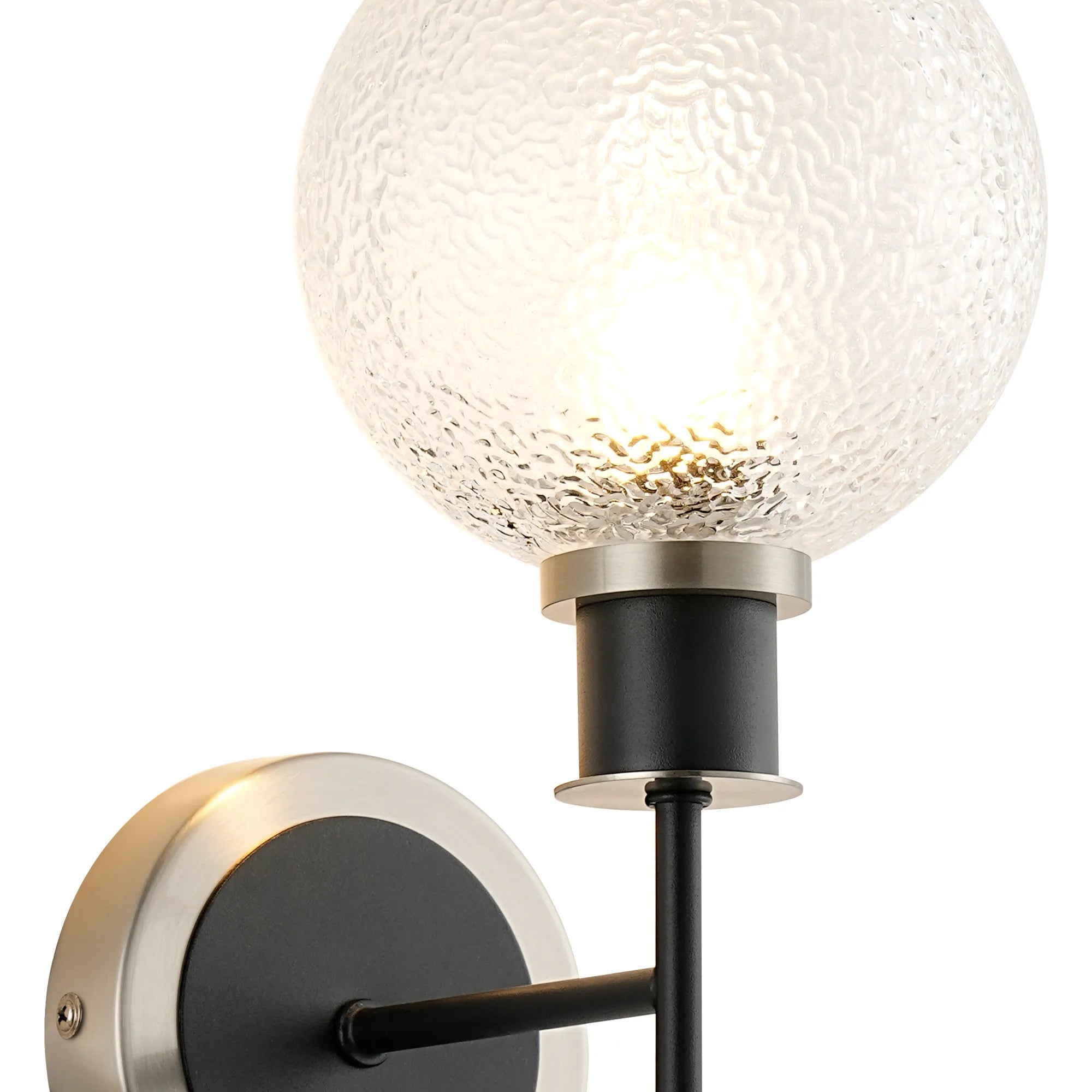 Sycamore Switched Wall Light with 15cm Round Dimpled Glass Shade - Satin Nickel, Clear & Satin Black