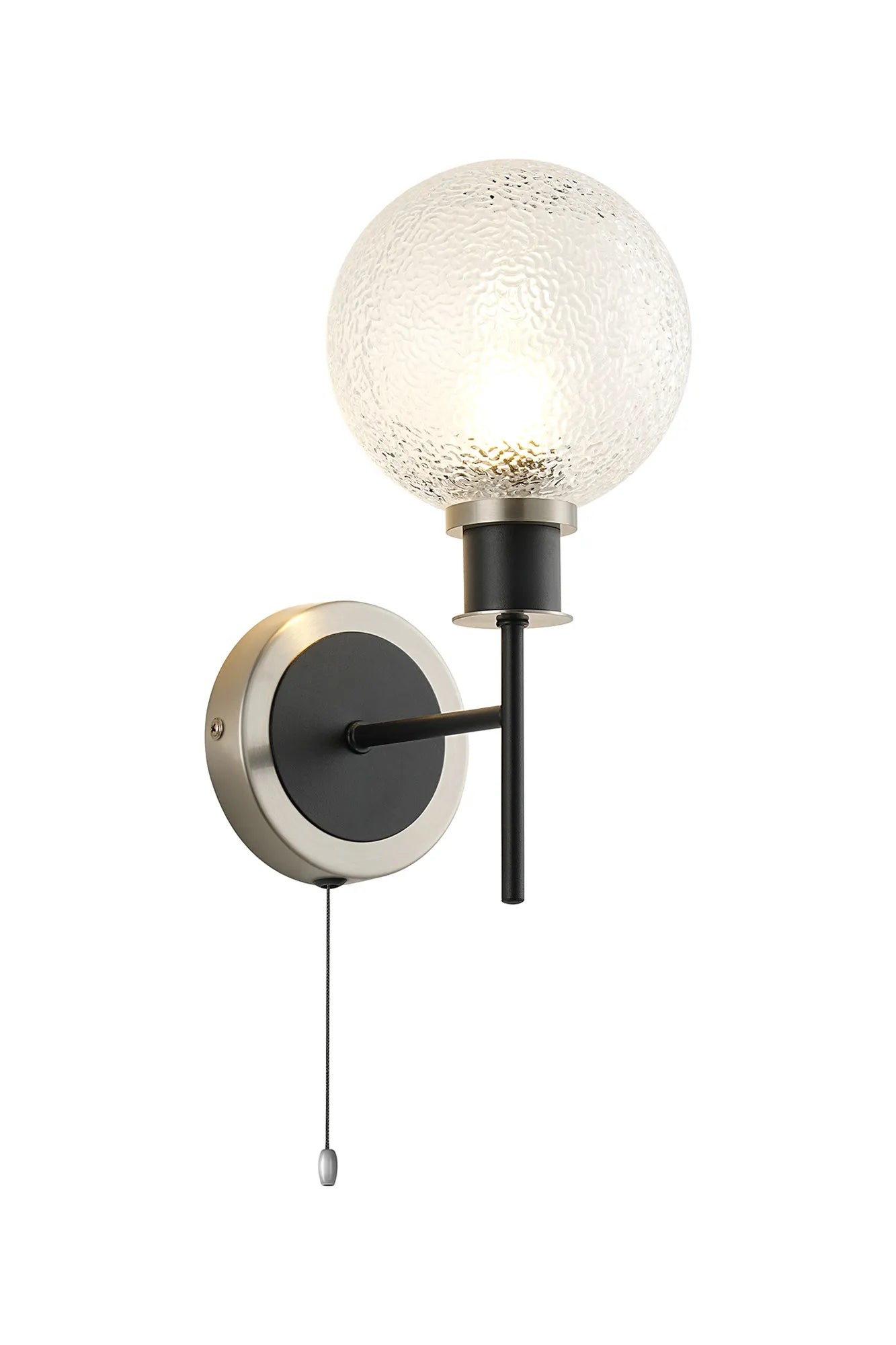 Sycamore Switched Wall Light with 15cm Round Dimpled Glass Shade - Satin Nickel, Clear & Satin Black