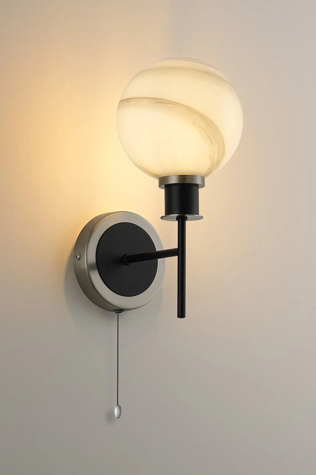 Sycamore Switched Wall Light with 15cm Round Marble Effect Glass Shade - Satin Nickel, White & Satin Black