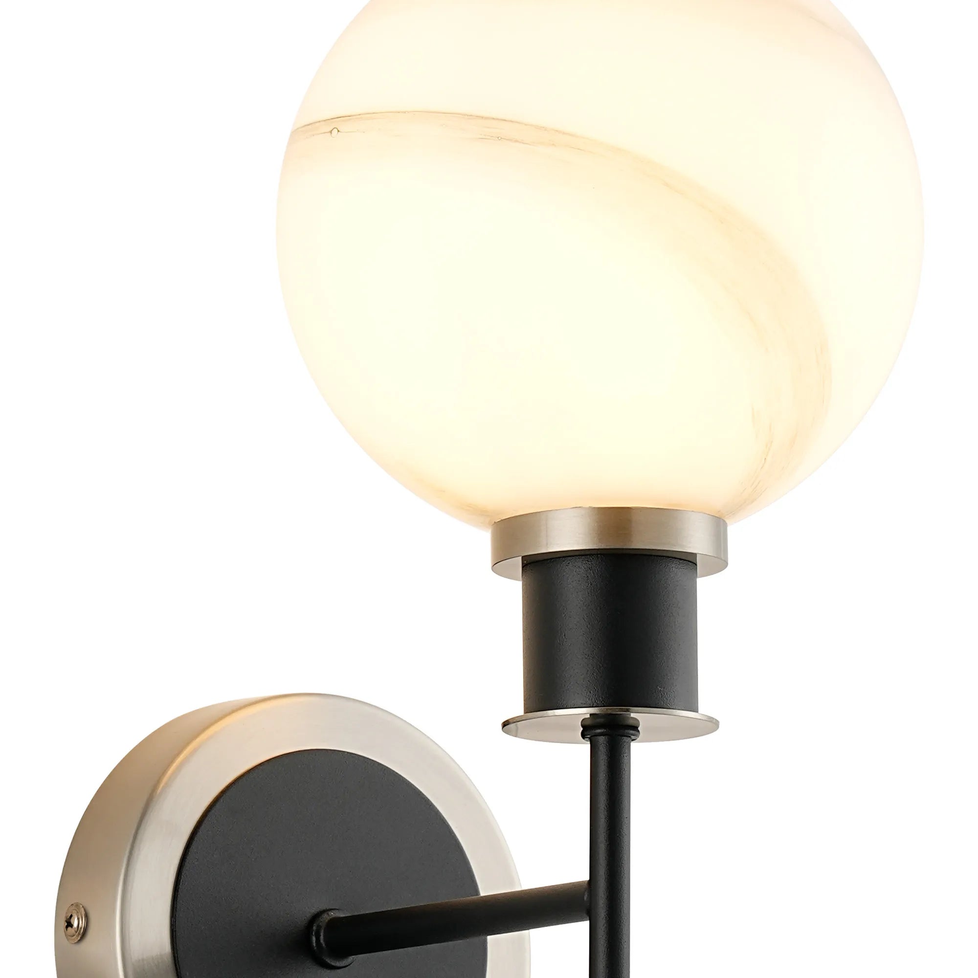 Sycamore Switched Wall Light with 15cm Round Marble Effect Glass Shade - Satin Nickel, White & Satin Black