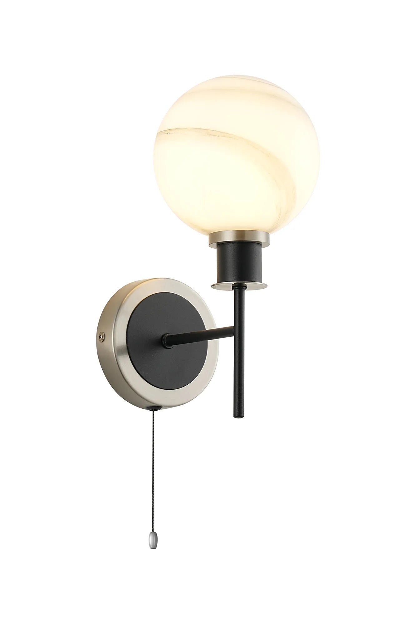 Sycamore Switched Wall Light with 15cm Round Marble Effect Glass Shade - Satin Nickel, White & Satin Black