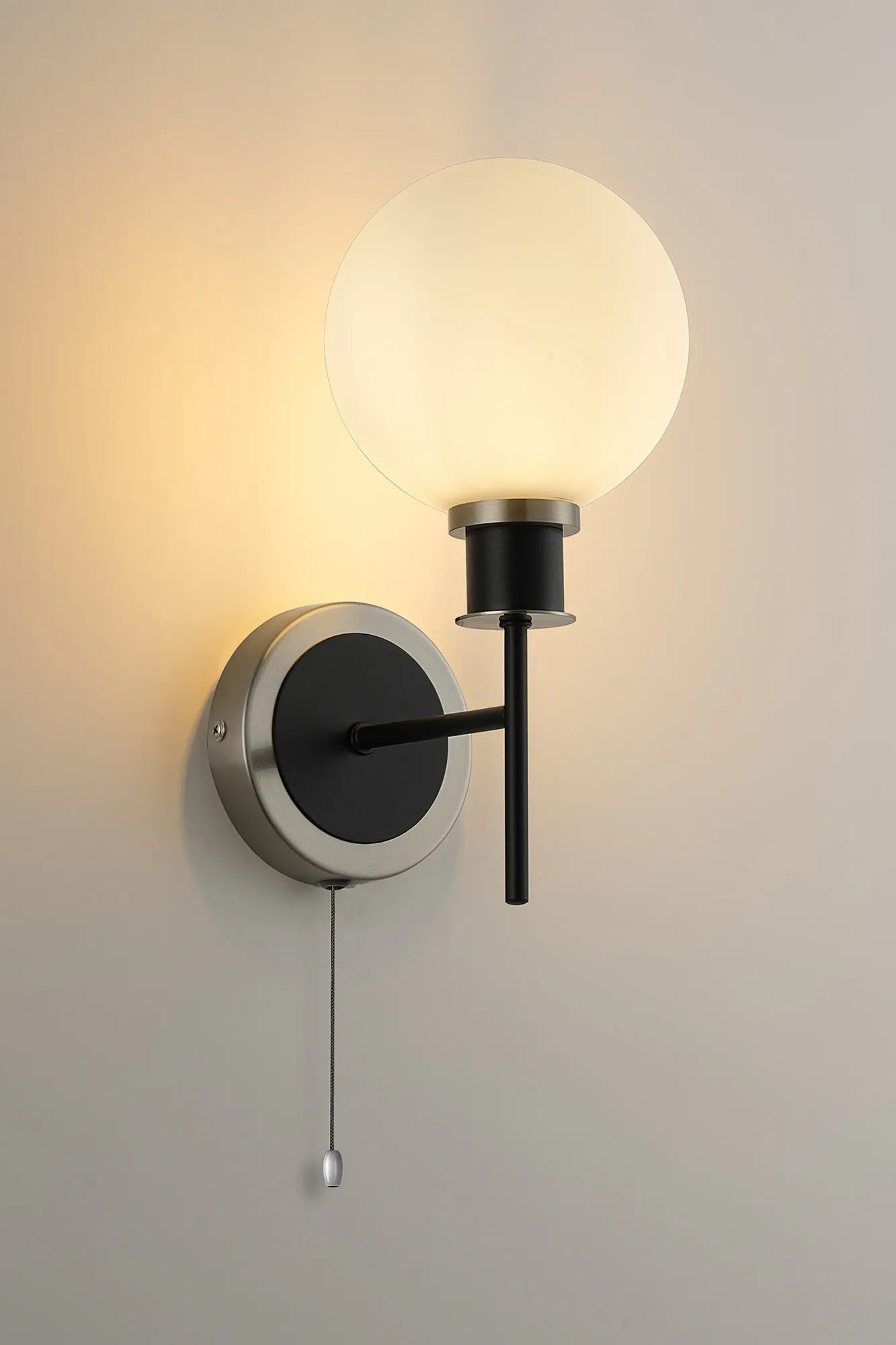 Sycamore Switched Wall Light with 15cm Round Glass Shade - Satin Nickel, Opal & Satin Black